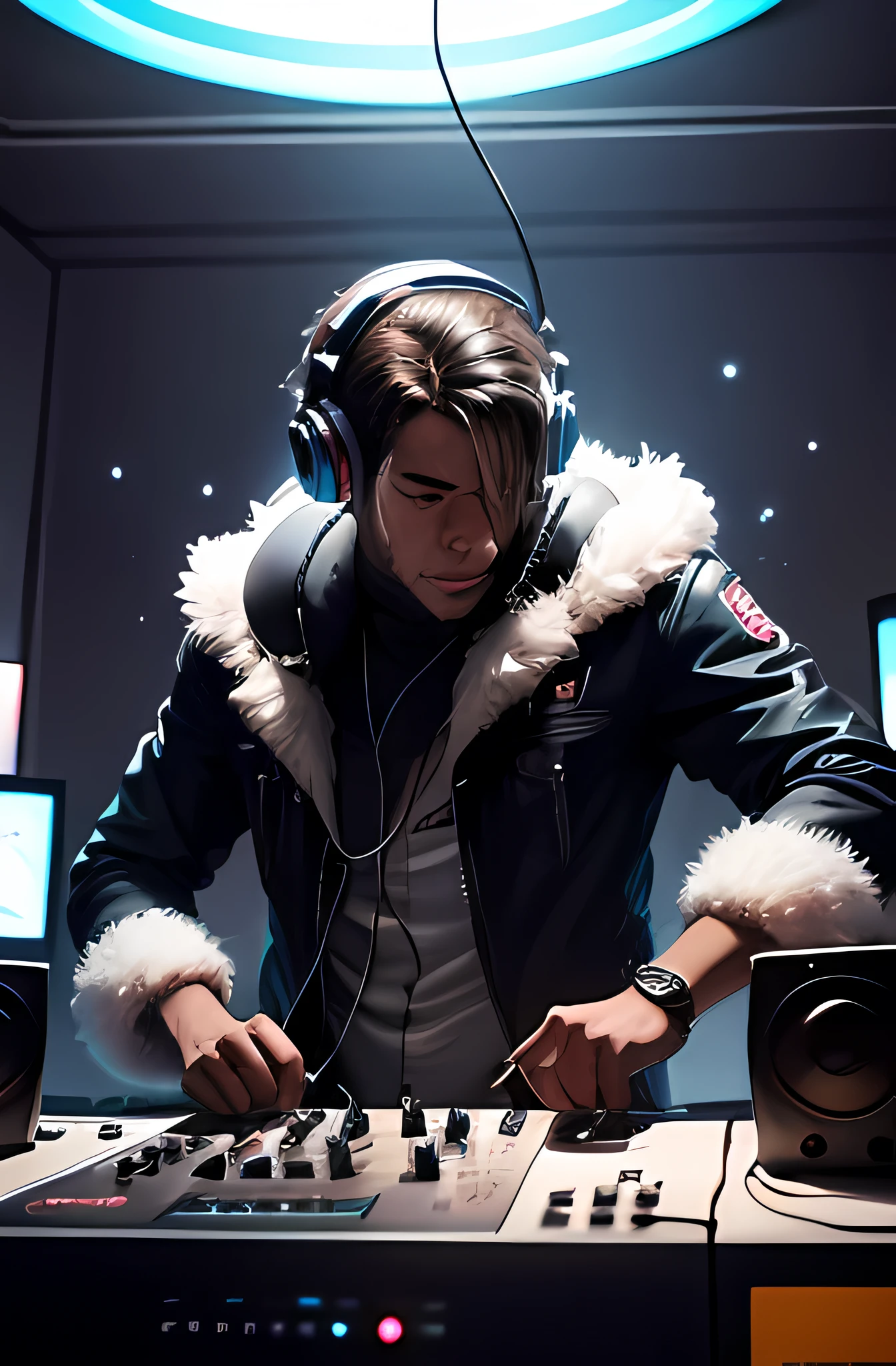 Animal Monkey making and listening to music with headphones using a DJ set, image version futuriste dans l'espace. Il est riant et danse sur la musique en flottant avec son set de DJ