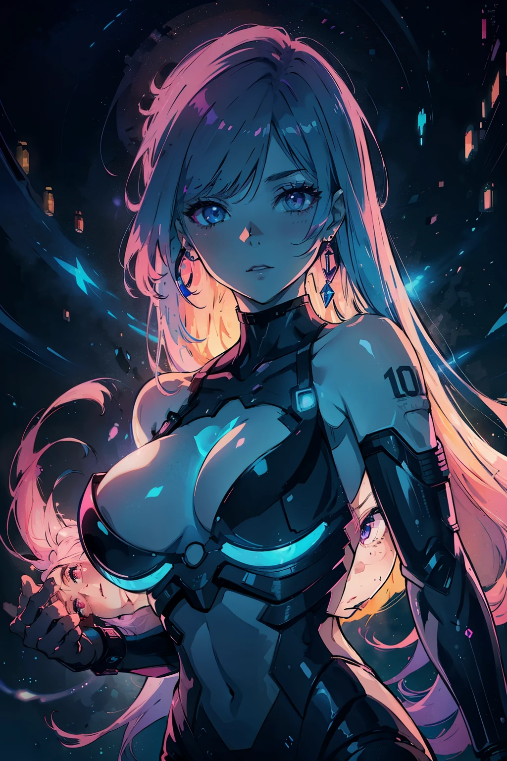 closeup, 1 girl, alone, [dark blue and pink hair: blue and pink hair:0.2], cyberpunk, high tech, V, mechanical parts, looking at audience, black eyes, long hair, luminous laser female super tech jumpsuit, cyberpunk mechanical body parts, with tattoos, interior, luminous laser earrings. high contrast, night, black, [freckles:0.9], reflective transparent rainbow, long hair, breasts, white skin most beautiful Korean woman's face, seductive expression, (relaxed pose: 1.5), eva, complex background, Sony a6300, extremely beautiful and gorgeous anime illustration, with cinematic perspective，(relaxed pose: 1. 5), eva, complex background, Sony a6300, extremely beautiful and gorgeous anime illustration with a cinematic perspective.