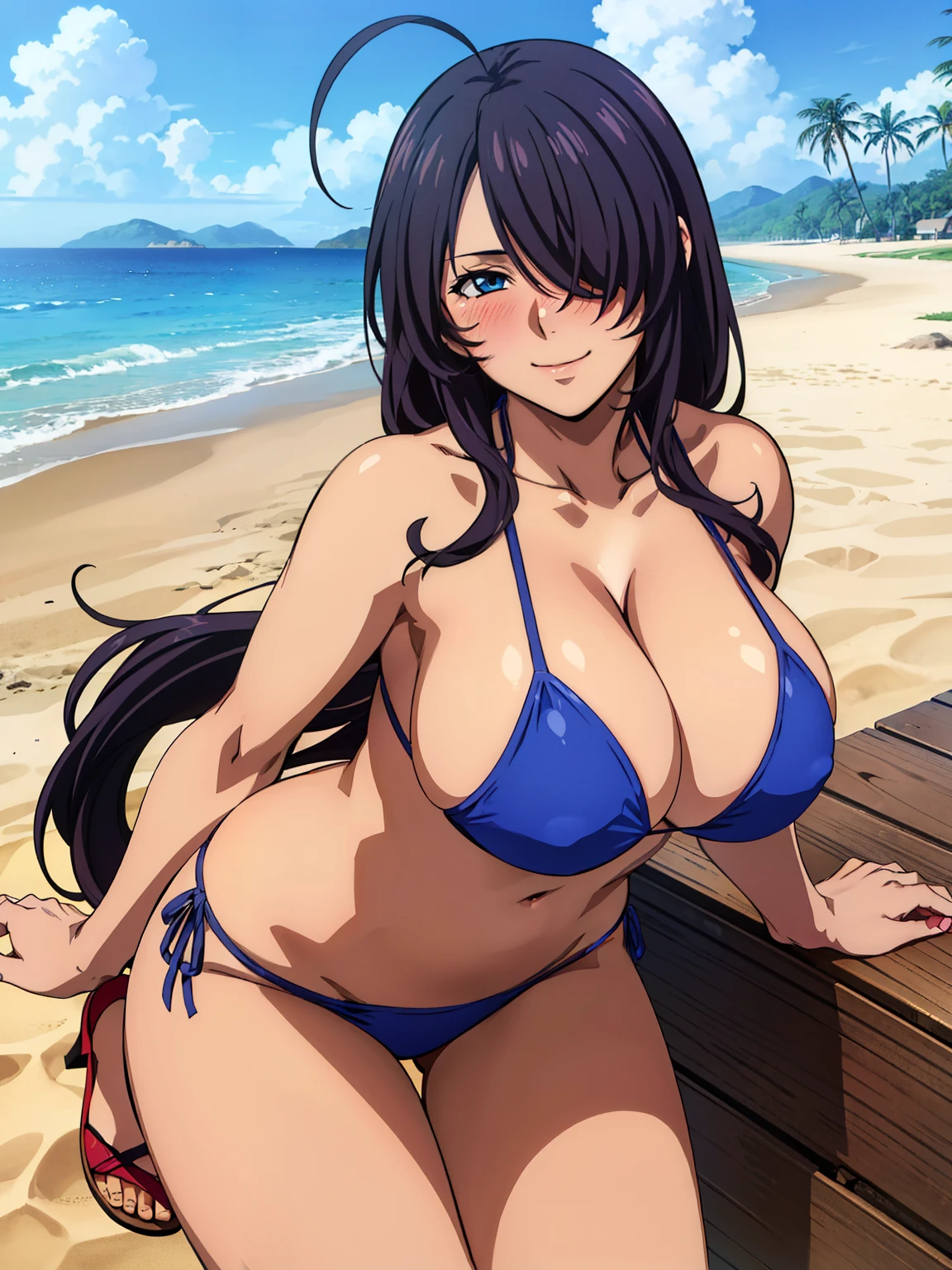 sexy pose, (blue-white bikini), (red sandals), beach background, blush, smiling, kanu unchou, anime cels style, best quality, high resolution, 1girl, (huge breasts:1.2), beautiful face, black hair, long hair, ((hair over one eye)), blue eye, navel, cowboy shot, (pov from bellow)