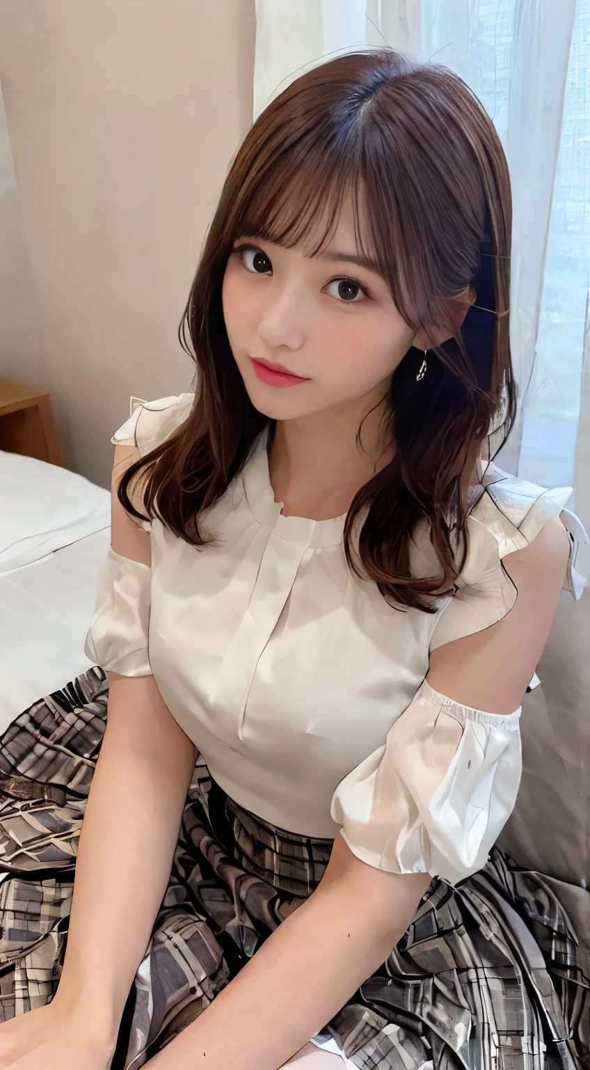 top-quality、hight resolution、ultra-detailliert、masterpiece、Raw photography、realisitic、Photorealsitic、extremely delicate and beautiful、finely detail、Textured skin、full-body shot、(in hotel)、1woman 、japanese、18year old、(((wearing white blouse and plaid long skirt))),detailed panties showing,(((lying down on the bed and spreading her legs))),focus her tights,、((race blouse)),off shoulder,tall,Brown hair、wavy hair,short hair,Wearing makeup,、Do not wear anything on your arm、perfectly proportions,spreading her legs,focus her panties,(((sexual position missionary))),(((lying down on the bed))),ponytail,(((missionary pov))),splashing with semen,perfect and beautiful face,beautiful and detailed face、slim face and style,Big eyes、Do gal makeup,real photos,(((bare legs))),beautiful legs,beautiful tights