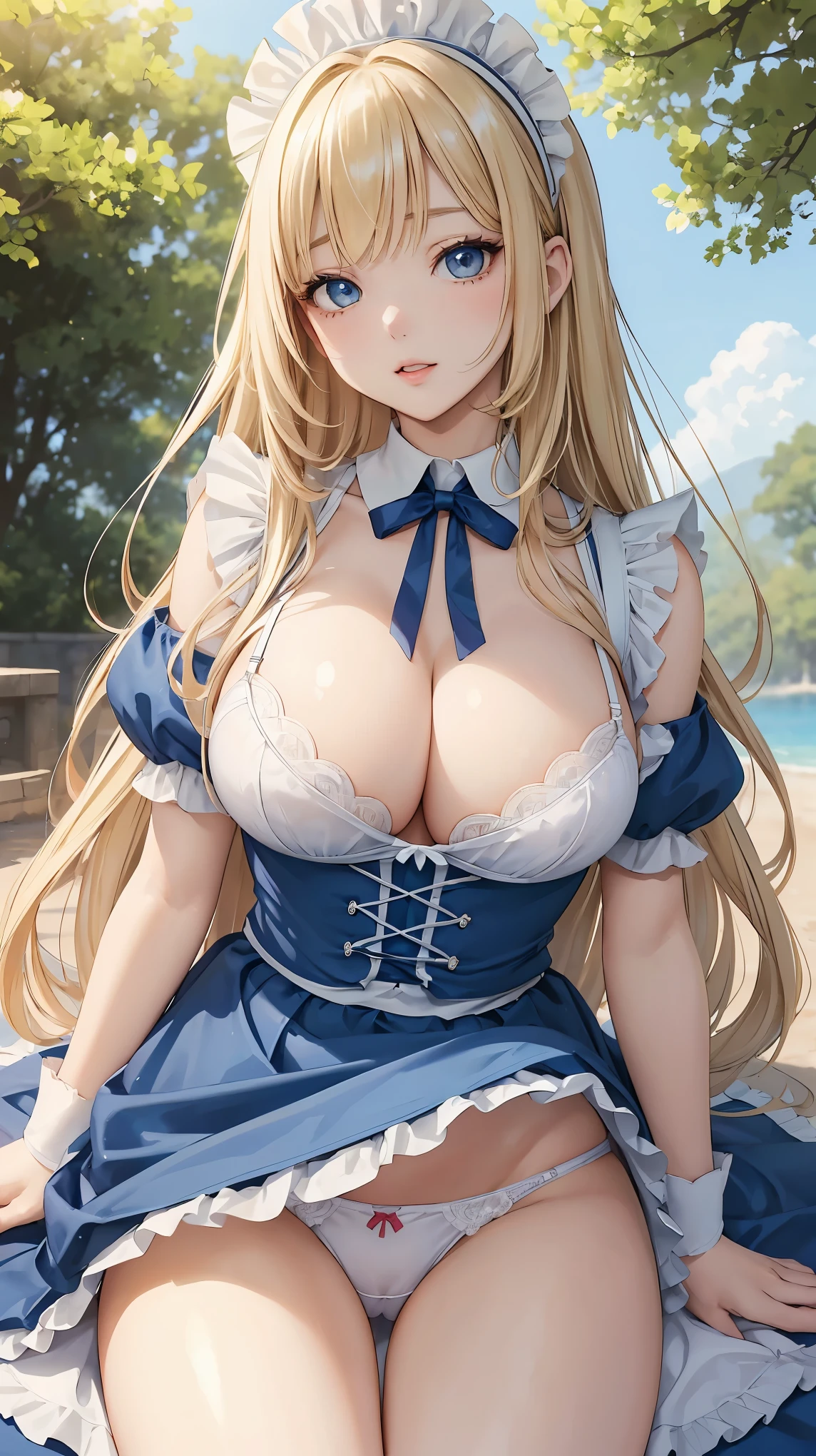 (masterpiece:1.2), (highest quality:1.2),, Curvy but slender body, perfect eyes, perfect face, perfect lighting, 1 girl, long hair, curly hair, fine clothes, detailed outdoor background, compensate, eye shadow, thick eyelashes, fantasy, (maid)、whole body,alice in wonderland、blue sky、Bright and beautiful face、young shiny glossy white shiny skin、the best beauty、the most beautiful bright blonde hair in the world、thin hair、super long straight hair、Shining beautiful bangs、Shining crystal clear big blue eyes、Very beautiful lovely most beautiful girl in the world、big and full breasts、(bra、braを外して乳首を見せる)、a sexually excited look、A sexually seductive look、open your legs、((She lifts up her skirt and shows her panties、she is seducing))、(look up from below)