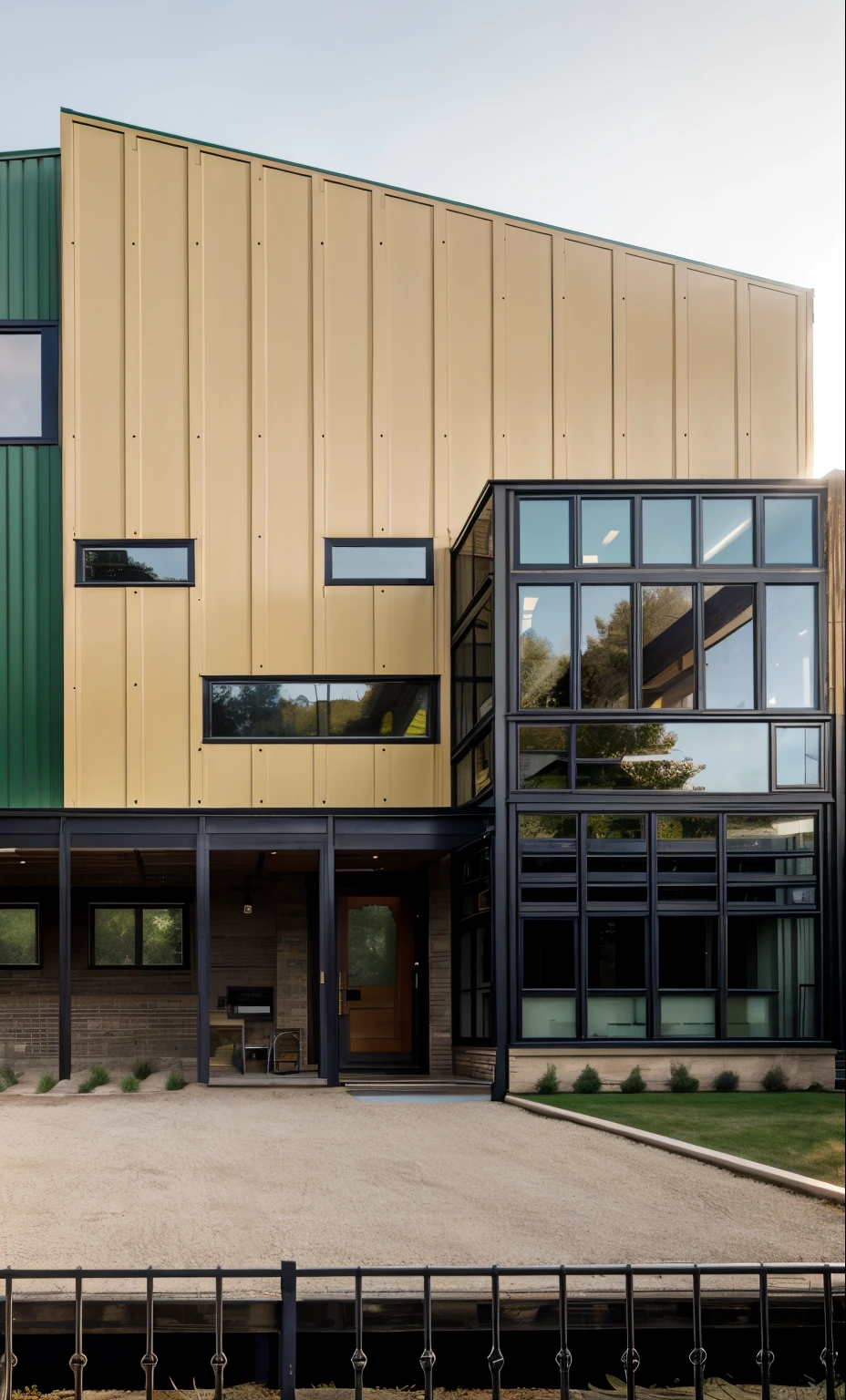 house exterior industry style, dark yellow and green color scheme, like an oldtime industry factory,raw materials, exposed structural elements, and simple, clean lines,rough-hewn steel, polished concrete, glass, and exposured brick,