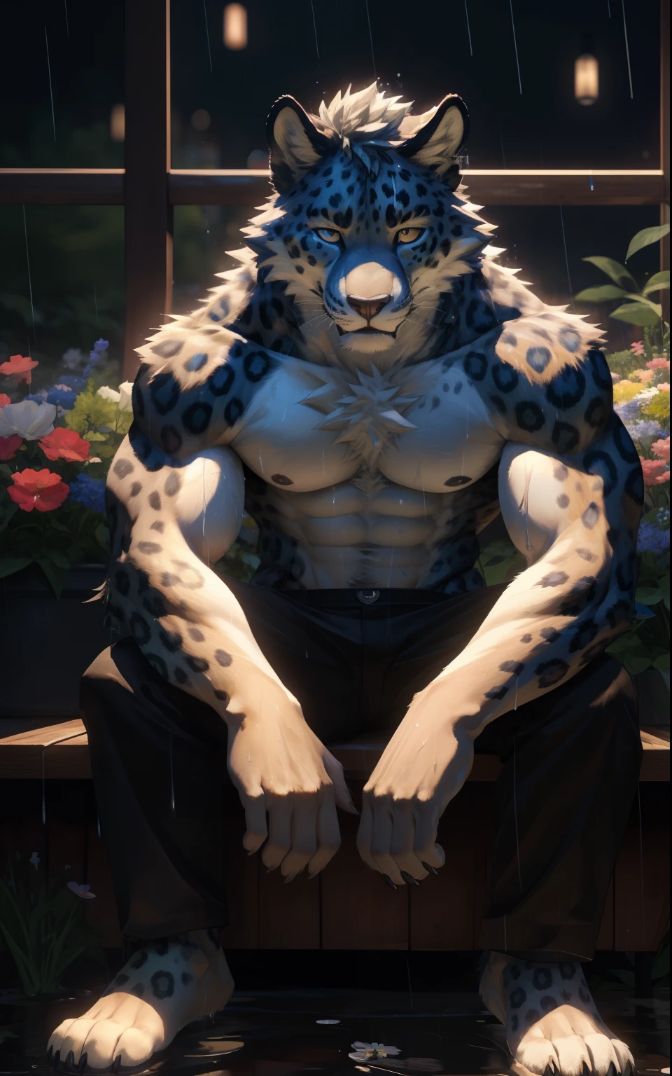 A Leopard sitting on a bench in the rain with his hands on his knees, SFW, Sexybody, anthropomorphic, extra detailed body, detailed body, Best quality, masterpiece, ultra high res,detailed background,realistic, real shadow and light,depth of field, (View from beside ), details skin, fluffy, confident face, bad boy, sweaty, wet body, raining, spring, flowers, wolf, fluffy chest, Sixpack, muscular, topless, huge scar on his body, big crotch, leopard.