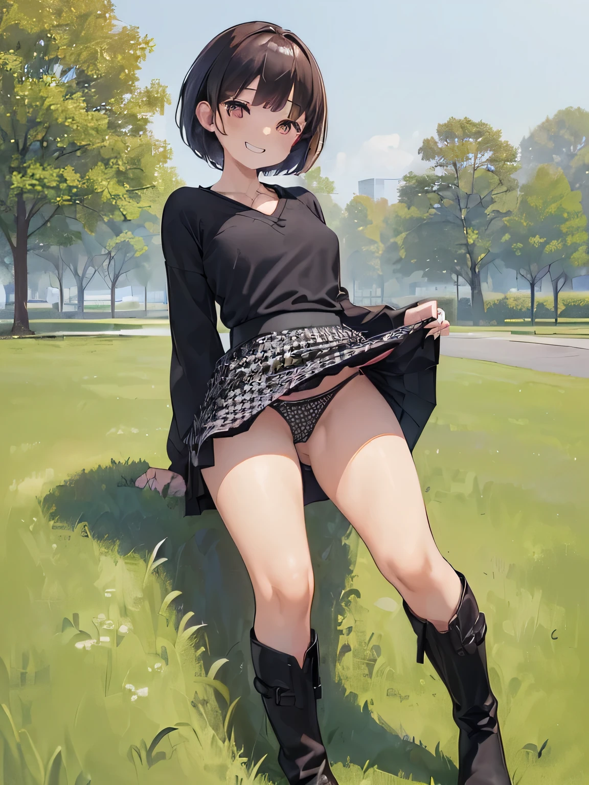 (masterpiece、highest quality、High resolution、realistic pictures、real looking skin:1.1)、 (The woman lifts her skirt and reveals her panties.々I&#39;m showing it to:1.8)、 (standing:1.5)、 (A provocative and grinning expression:1.8), (I am wearing a black long-sleeved shallow V-neck knit.:1.8)、 (I&#39;m wearing a white and black houndstooth miniskirt.:1.8)、 (I&#39;m wearing black middle boots:1.8)、 (The panties are red and have a pattern.:1.5)、 (brown short hair:1.5)、 (small face:1.5)、 (she is 22 years old:1.5)、 (Breasts are D-cups:1.5)、 (The location is the grassy area of the park.:1.5)、 1 Japanese girl、solo、full body esbian、beautiful eyes、shining eyes、Shining thighs、NSFW