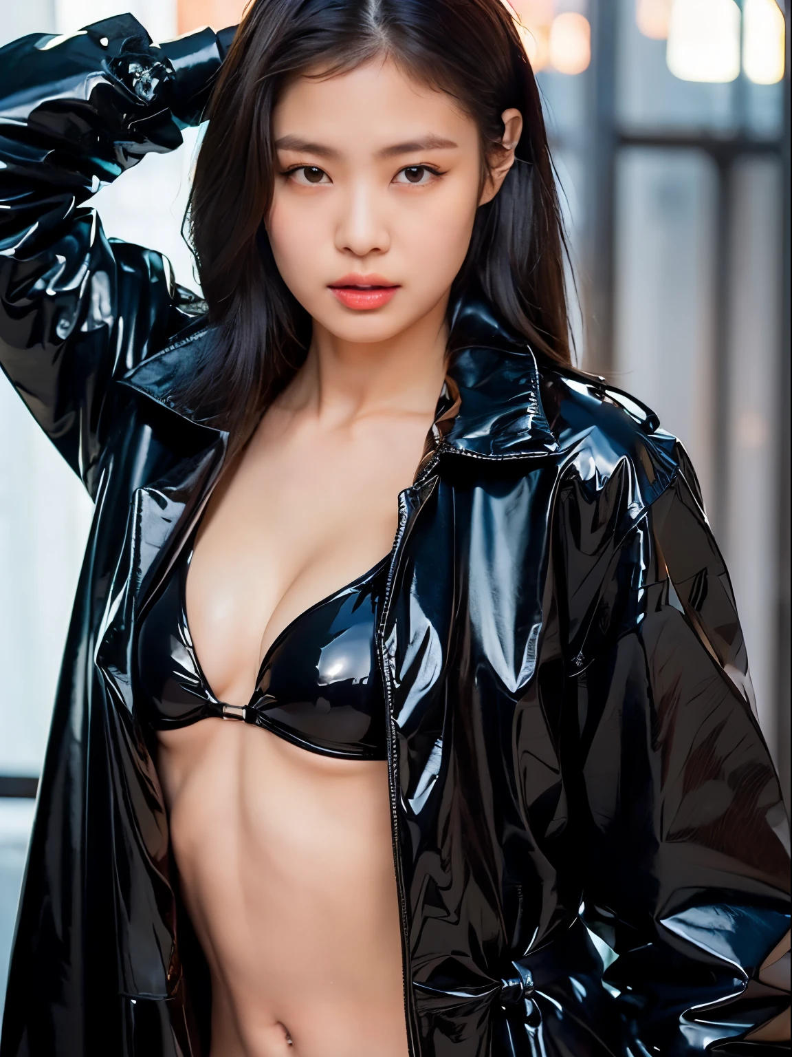 (​masterpiece:1.2), 8k,(ultra-realistic:1.37), Chiangmai  girl, (sexy pose with left armpit slightly exposed:1.5), face lights, Detailed face, (wearing a black pvc trench coat over a steel bikini:1.5), 