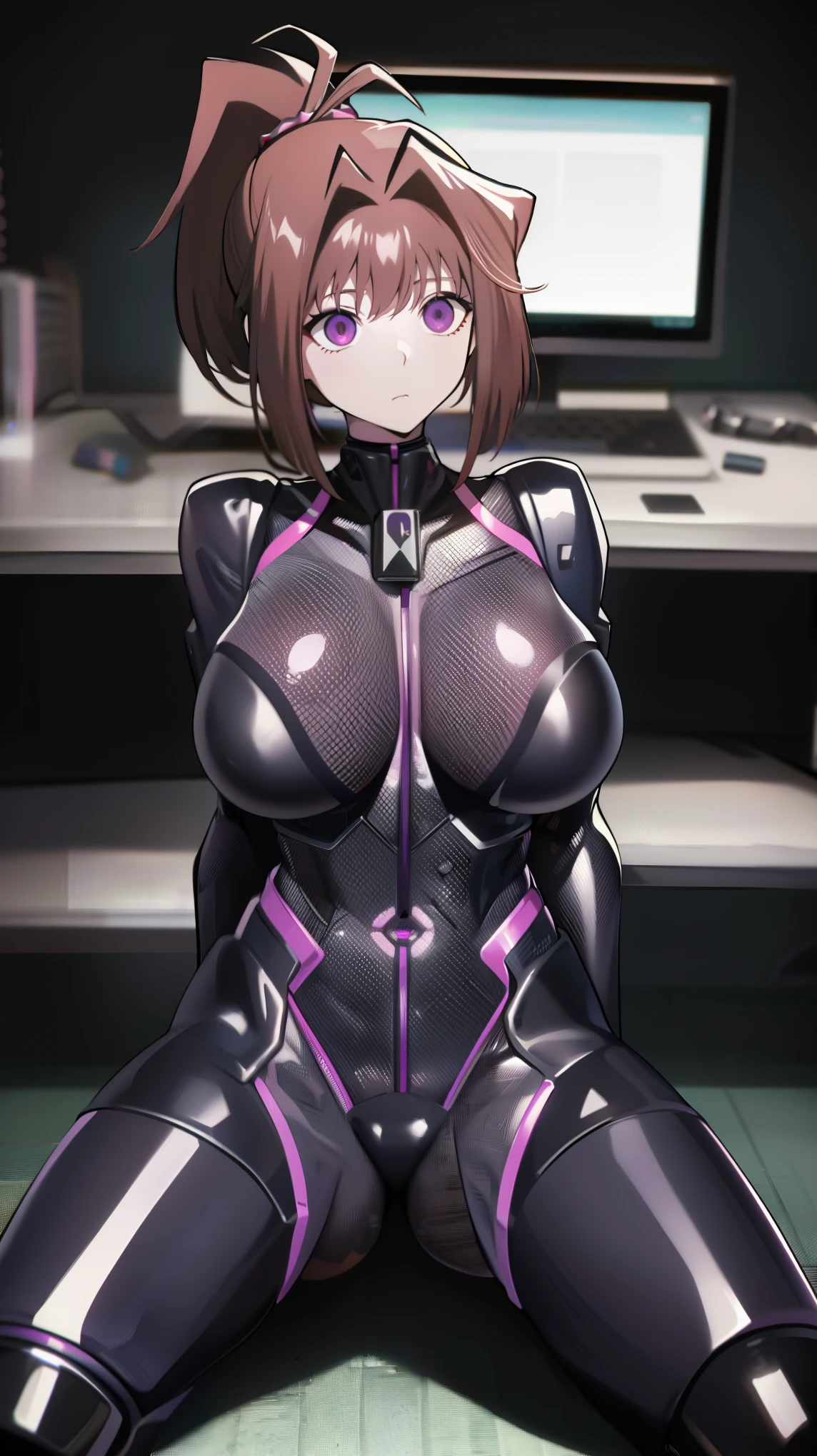 1 girl,NSFW,  Kyoko Masaki,(Yu-Gi-Oh),AnzuDef,short hair, brown hair, hair ornament, high ponytail, ponytail,huge breasts, clavicle, Glowing purple eyes,absurd, brainwashing,empty eyes, ((No expression,erasure of emotions)), (black latex tight bodysuit),look away , full body figure,((squat,spread your legs, arms behind head)), (highest quality、4k、8K、High resolution、must have:1.2)、Super detailed、(reality、reality的なです、reality的な:1.37)、ticker、hyper hd、studio lighting、ultra definition paint、sharp focus、Physically based rendering、extreme details、Professional specifications、vibrancy and color、blurry、sports portrait、landscape、horror style、anime big breast、SF、photograph、concept artist、five fingers, perfect body,  {{{masterpiece}}}, {{{highest quality}}}, {{Super detailed}}, {shape}, {{very delicate and beautiful}},Improved cost performance、all roles、Canon 5D MK4でphotograph、photograph, 