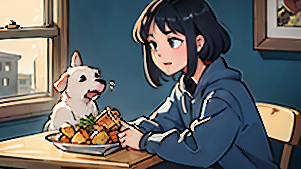 Dog looks at people eating at table,