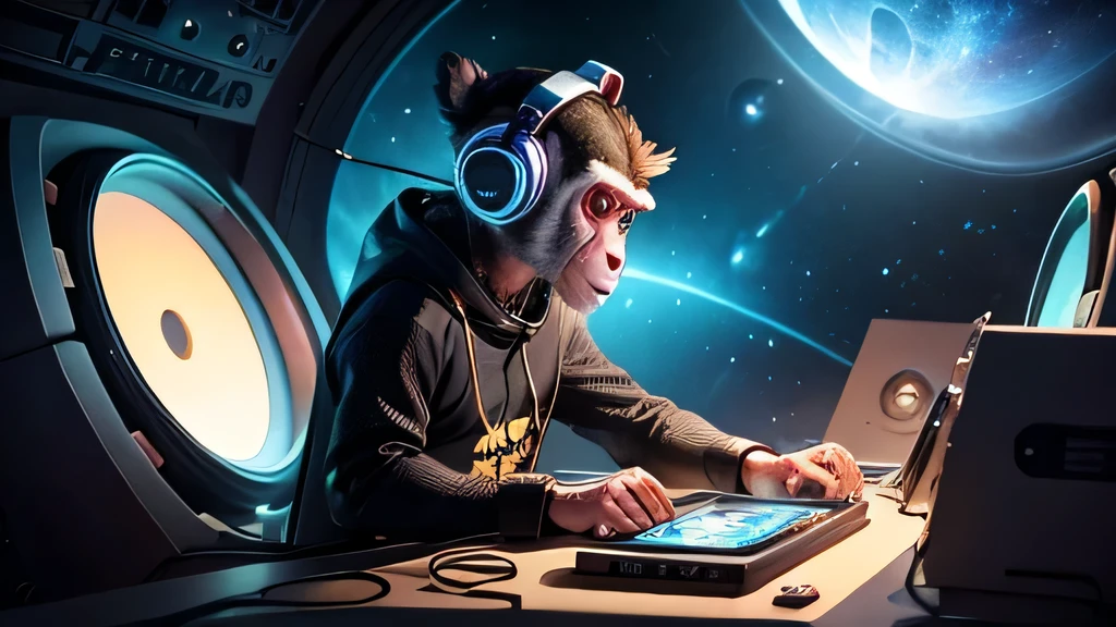 Animal Monkey Boy making and listening to music with headphones using a DJ set, in a futuristic place in space. Large plan of him playing in the galaxy with his DJ Set