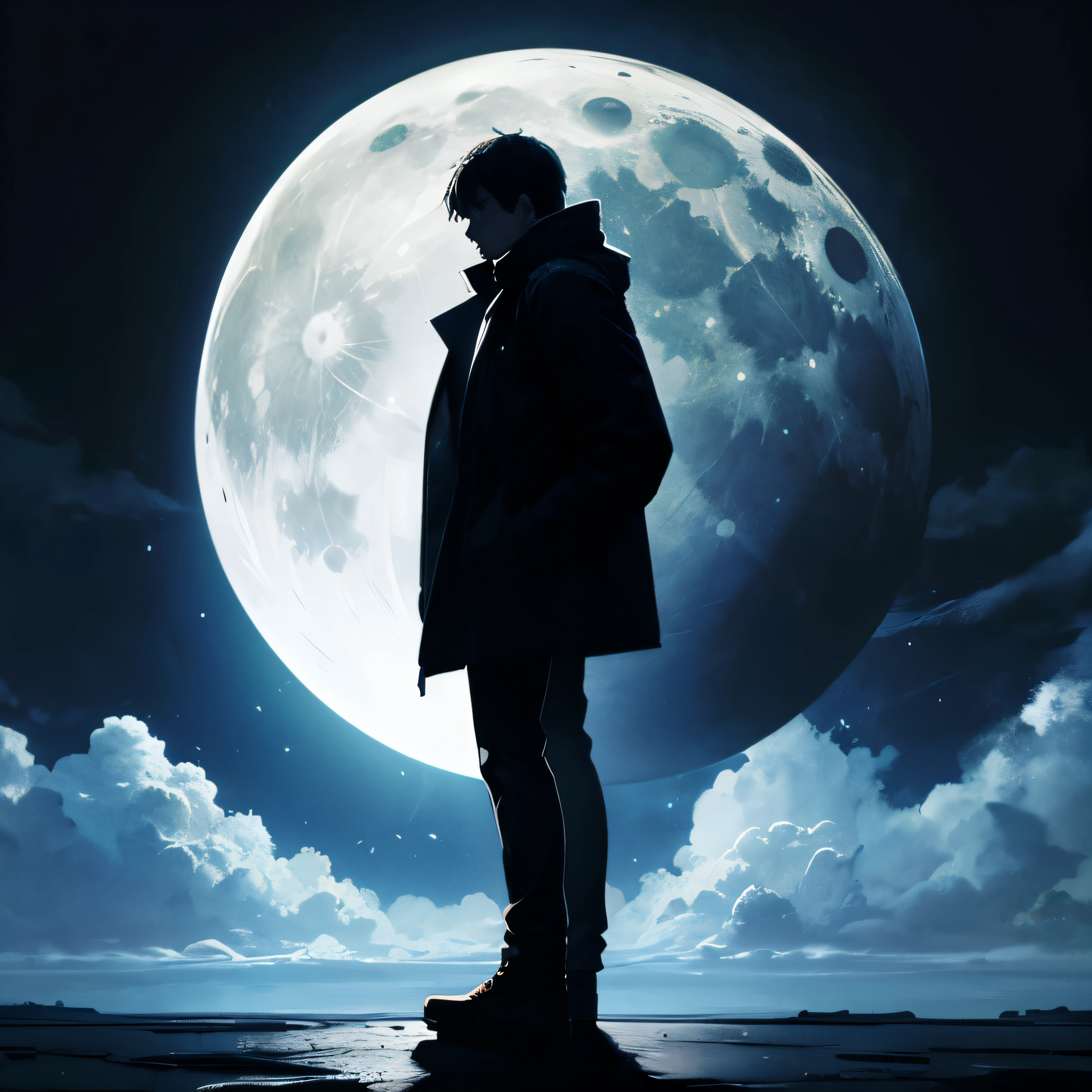 An alone man standing before moon