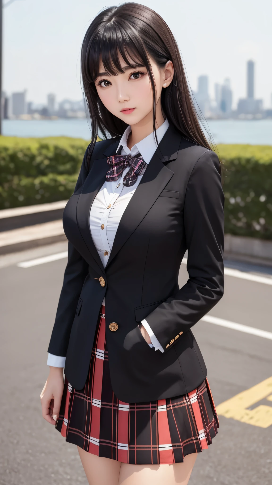 ((highest quality)), ((8k)), (detailed face), (highlight), female、Big breasts、bangs、black hair、plaid skirt、blazer、red to black、