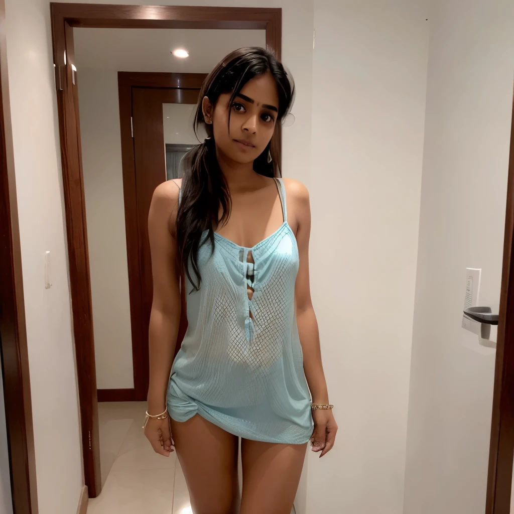 An indian girl wearing very short transperent night dress without bra and underwear