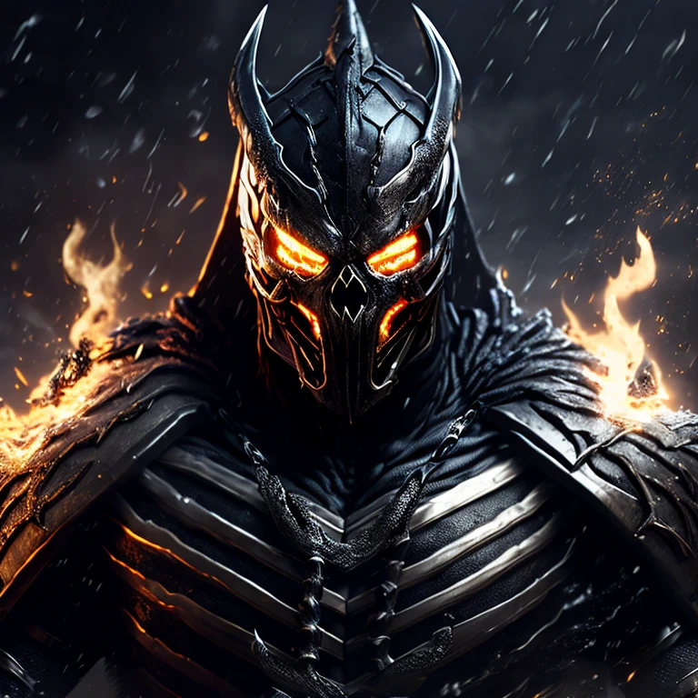 Close-up (Ghost Rider Scorpion from Mortal Kombat in Viking style: 1.3) emerging from wet black mud, extremely detailed, smoke, sparks, metal shavings, flying debris, volumetric light, 8k, high-quality