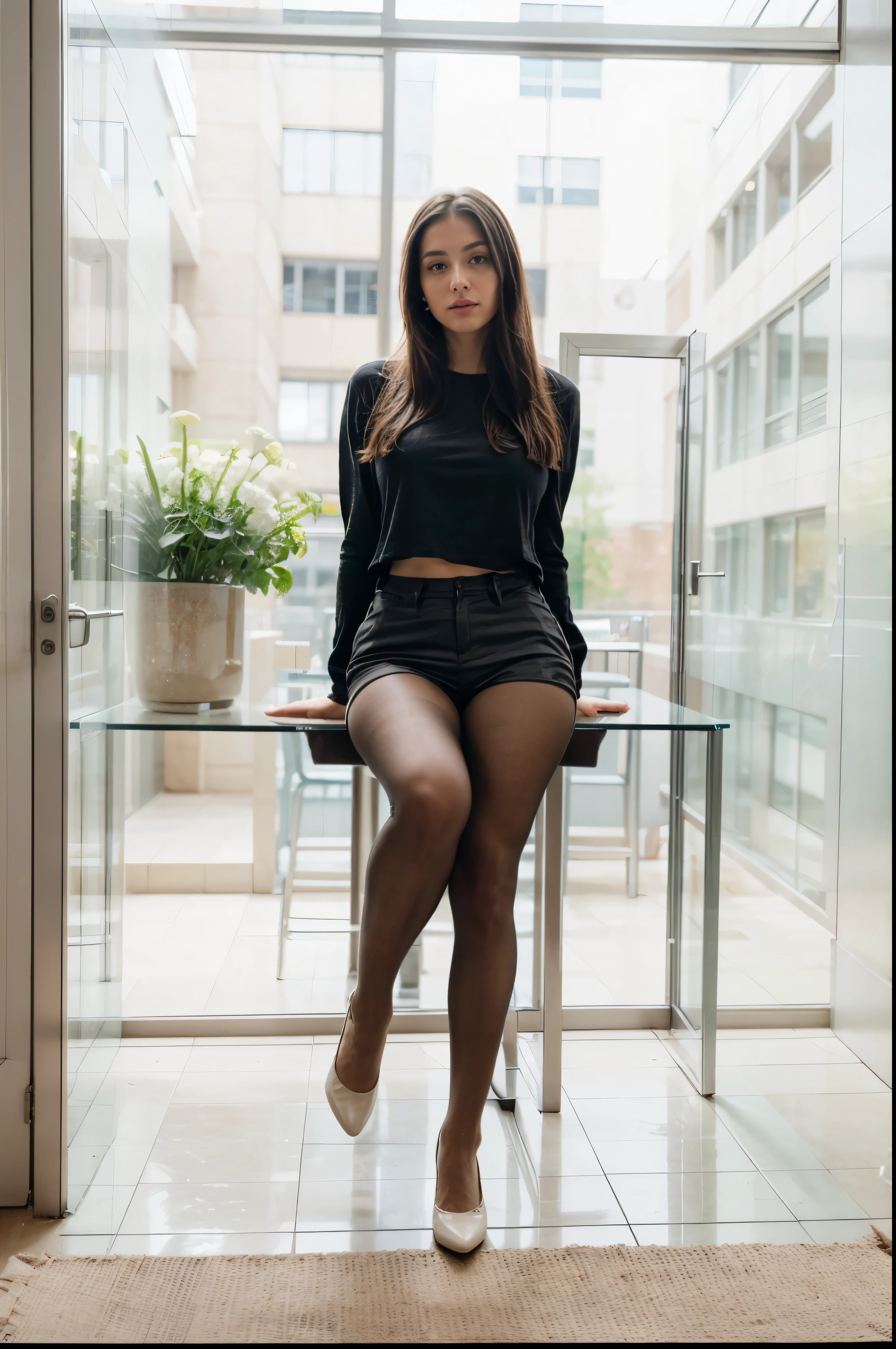 a photo of a beautiful woman, 30 years old, long beautiful hairs, dark brown hair, dark brown eyes, in a conference room,, full body, wearing white blouse with rolled up sleeves, wearing tight BLACK chino pants, the table is in the foreground, her legs are visible, the view is from 45 degrees from the side from the front, looking in the camera, red lipstic, natural light coomming from a window, there is a wann behind her, backgorund blurred, cinematic lighting, motion blur, film grain, very detailed, 30 years, dark brown eyes, high-res, masterpiece, best quality, intricate details, highly detailed, sharp focus, detailed skin, realistic skin texture, texture, detailed eyes, professional, 4k, 85mm, shallow depth of field, perfect fit body, extremely detailed, photo_\(ultra\), photorealistic, realistic, post-processing, maximum detail, roughness, real life, ultra realistic, photorealism, photography, 8k uhd, photography (grain of film) medium shot for closeup shot, longer slimer face, perfect face, HANDS ARE HIDDEN, natural legs, wearing tights, natural arms, middle size breast, charming deep eyes, flirty look. hands are hidden