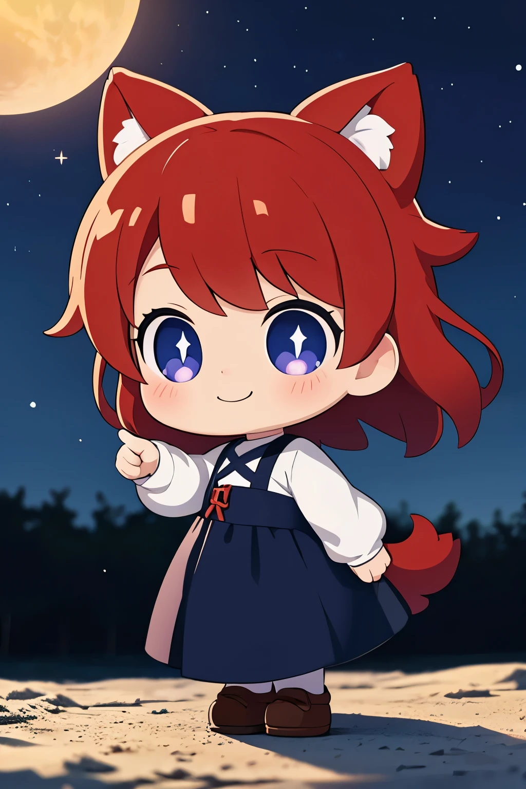 The following scenes will be expressed using chibi girl dolls.(Photoreal、Looking up at the stars in the night sky and pointing、eye up、smile、Take a photo from the side)