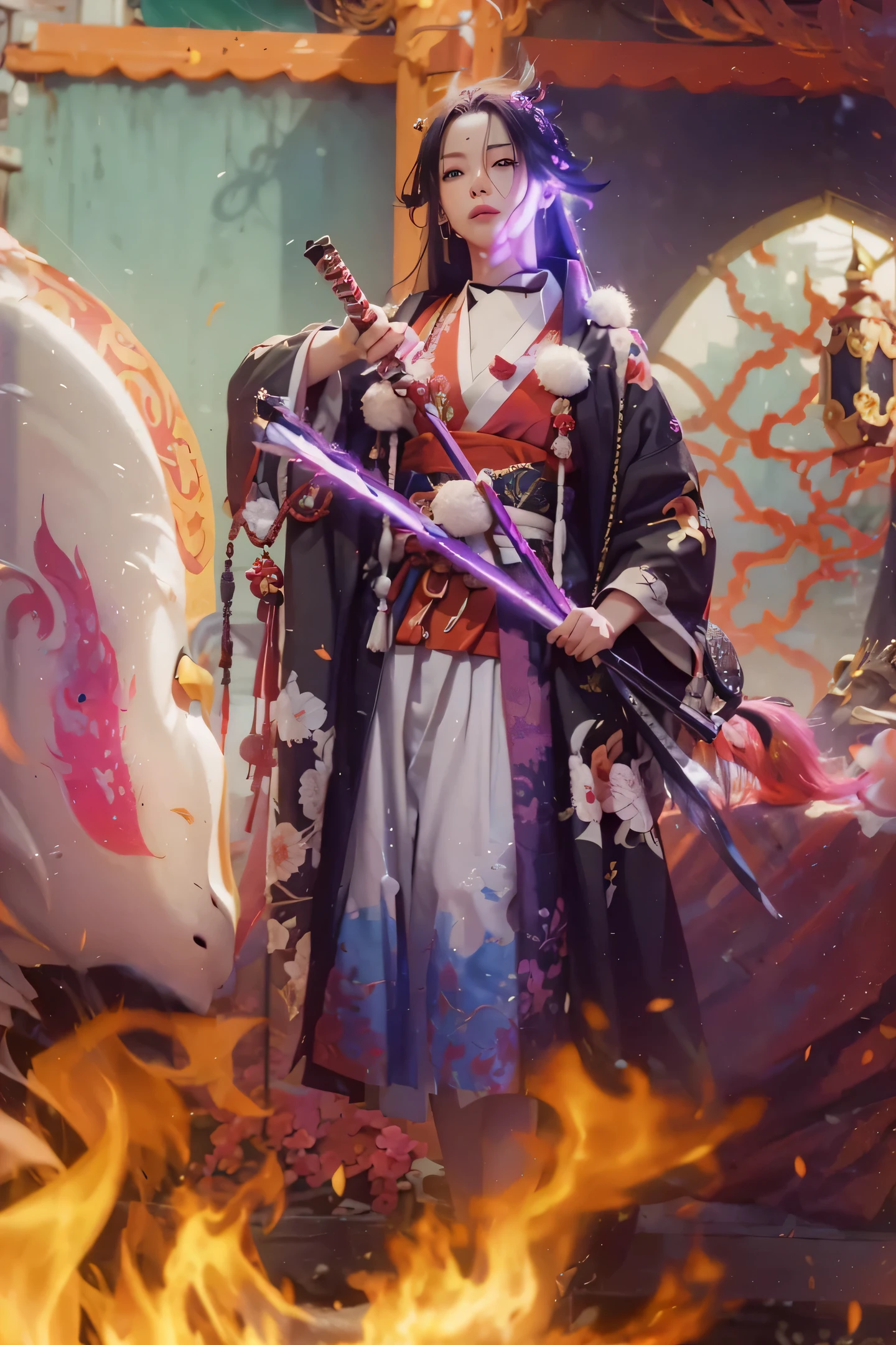 ((ONIKIRI_ONMYOJI),((realistic, photorealistic)),(highlight hair)), Light reflection, (( HD )),((upper body)), (((best quality, masterpiece))), (masterpiece) (best quality) (detail) (8k) (HDR) (wallpaper) (cinematic lighting) (sharp focuasterpiece, best quality: 1.1), Real life adaption of this character, Asian teen beauty face, Shining green eyes, realistic outfit, realistic shadow, realistic light, realism, hyper realistic, realistic background,(photorealistic:1.2), 1man,Fire background, indeed sword, smoke blur, glow effect,Foreground blur fire