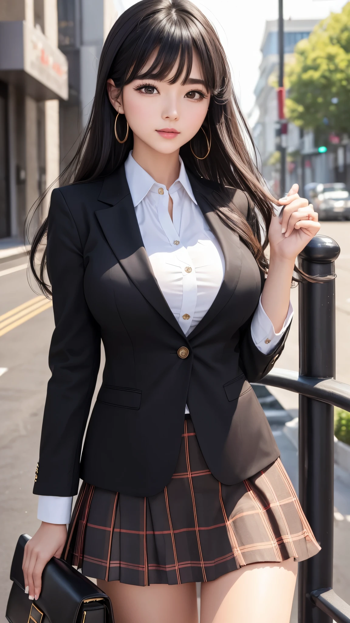Detailed face、highlight、Asian Girl、thigh、breast enhancement、black髪、Heavy bangs、skirt、blazer、red、black、white