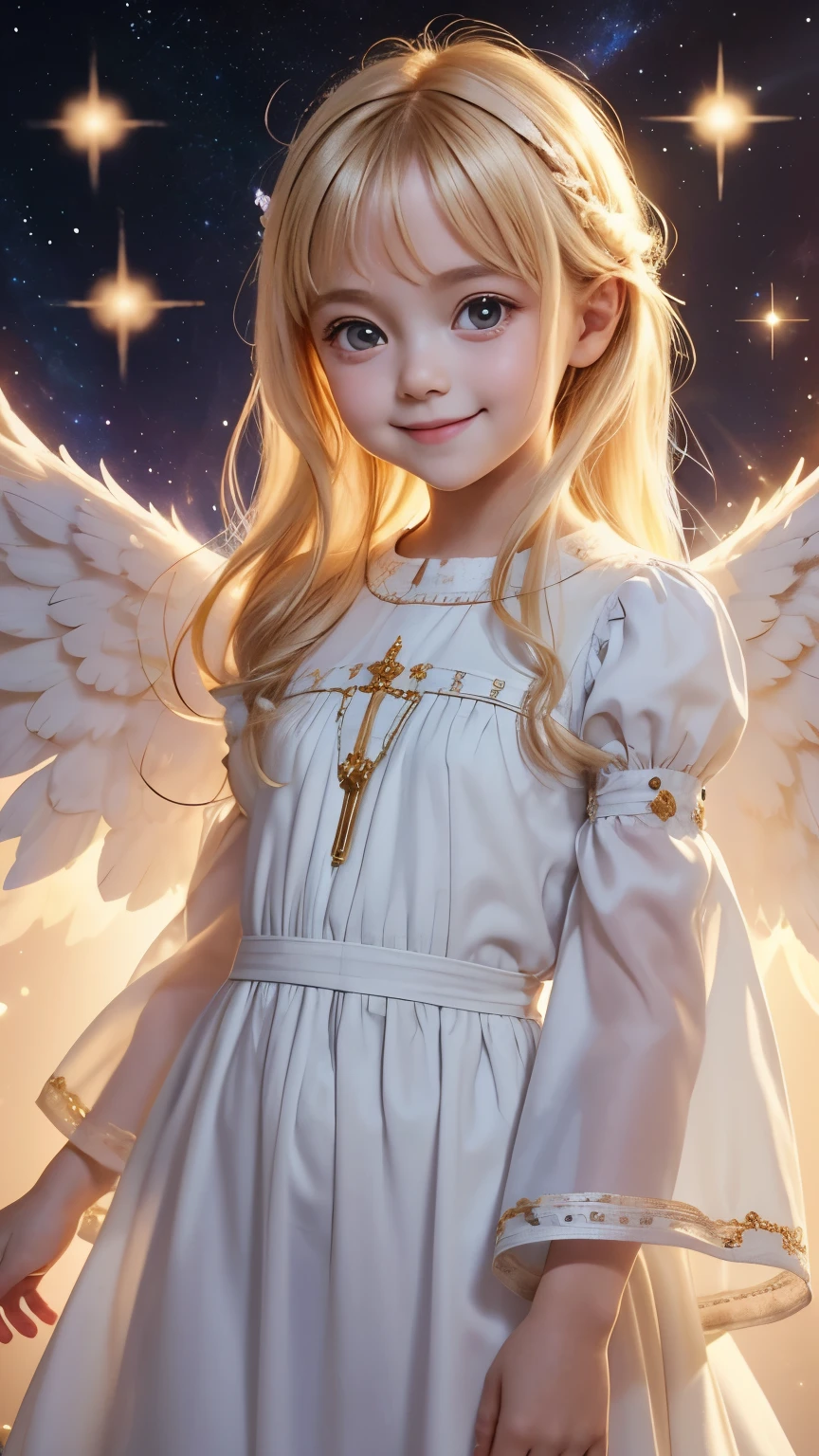 The body is facing straight ahead towards the camera., looking at viewer, from above:1.2, little toddler angel, smile, big eyes, blonde, Neat and loose dress with sleeves, A dazzling light from behind, Angel wings on the back, god々A brightly shining space background, Prayer-like pose, Super realistic