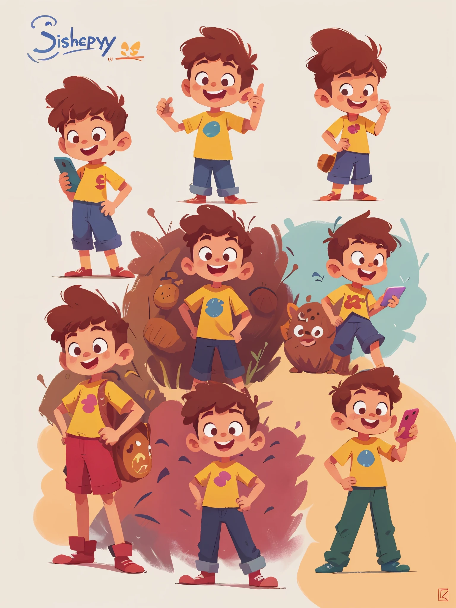 pixel character of a boy de 3 anos with different poses and poses, hand on Phone, pixel concept art, different emoji, say thanks you, very stylized character design, stylized character design, highly detailed character design, childrens art in artstation, character design, disney character style, happy, smile, concept art of single boy, animated character design, high quality character design, character exploration, great character design, in style of disney animation, character illustration
