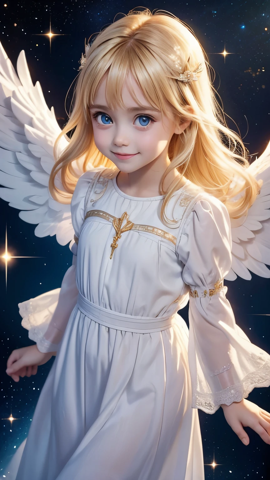 The body is facing straight ahead towards the camera., looking at viewer, from above:1.2, little toddler angel, smile, big eyes, blonde, Neat and loose dress with sleeves, A dazzling light from behind, Angel wings on the back, god々A brightly shining space background, Prayer-like pose, Super realistic