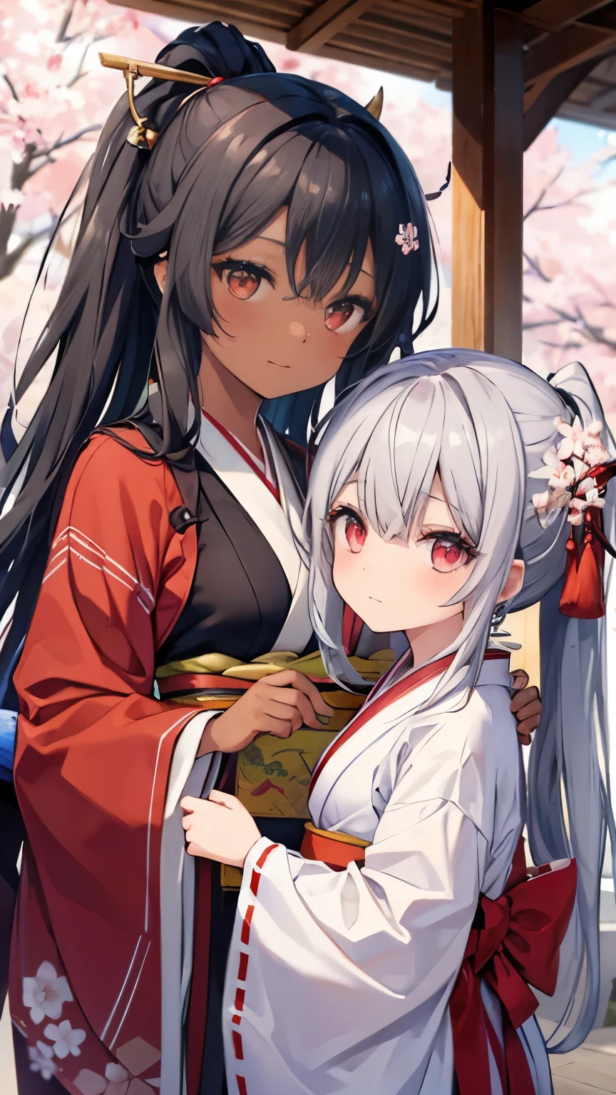 ,two girls,best image quality,(gray hair,red eyes,brown skin,big breasts),(black hair,black eyes,white skin,small breasts), ,,long hair,ponytail,half eyes,,,cherry blossomsの花びら,cherry blossoms,kimono,Scarlet Hakama,,shrine maiden,,,futon,small,small breasts,demon horn,