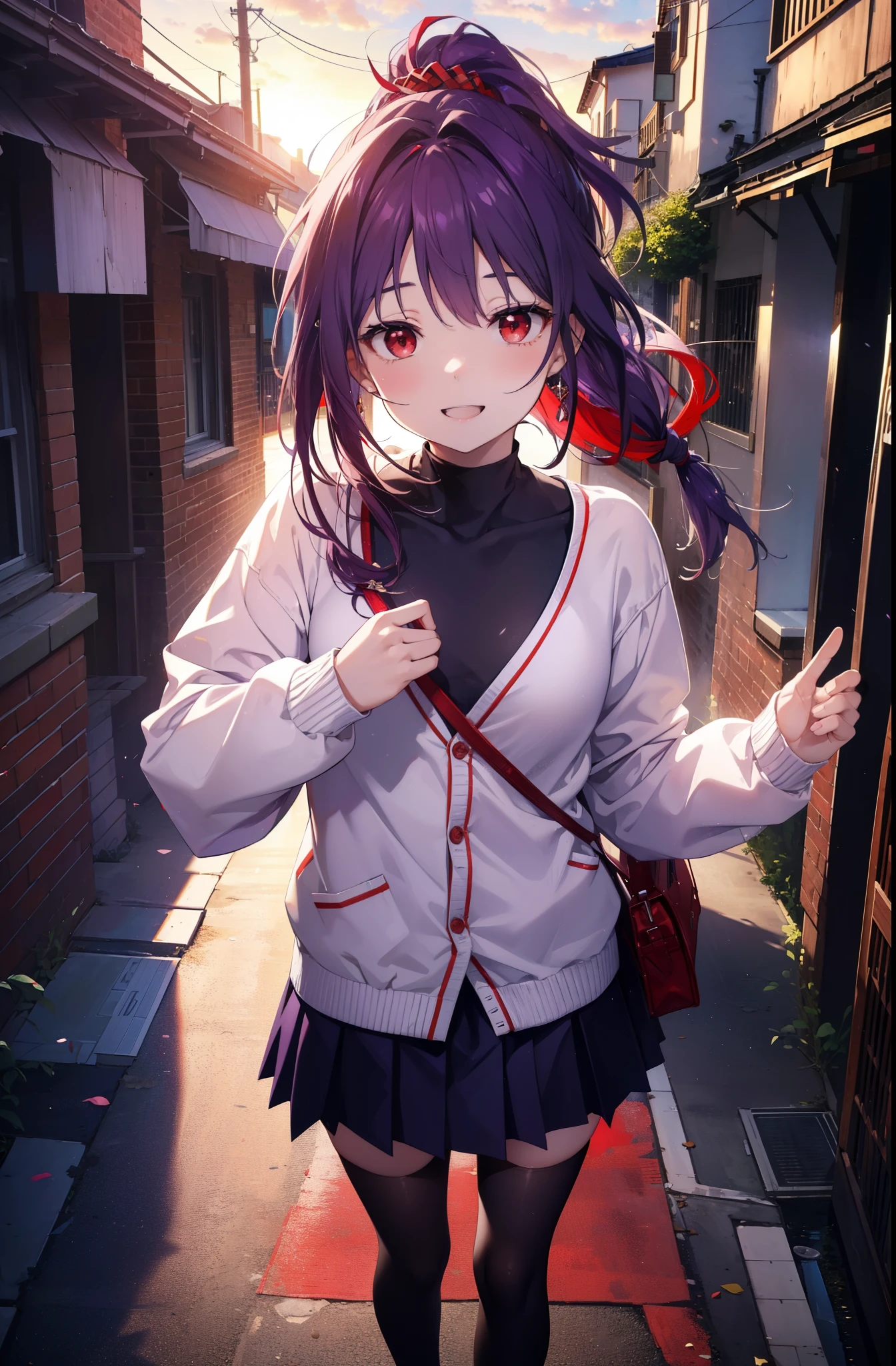 yuukikonno, Yuki Konno, hair band, long hair, pointed ears, purple hair, short braided hair,ponytail,(red eyes:1.5), (small breasts:1.2), happy smile, smile, open your mouth,White Y-shirt,Red cardigan,purple blazer,Purple pleated skirt,white knee socks,evening,sunset,下校中
break looking at viewer, Upper body, full body,
break outdoors, In town,building street,
break (masterpiece:1.2), highest quality, High resolution, unity 8k wallpaper, (figure:0.8), (detailed and beautiful eyes:1.6), highly detailed face, perfect lighting, Very detailed CG, (perfect hands, perfect anatomy),