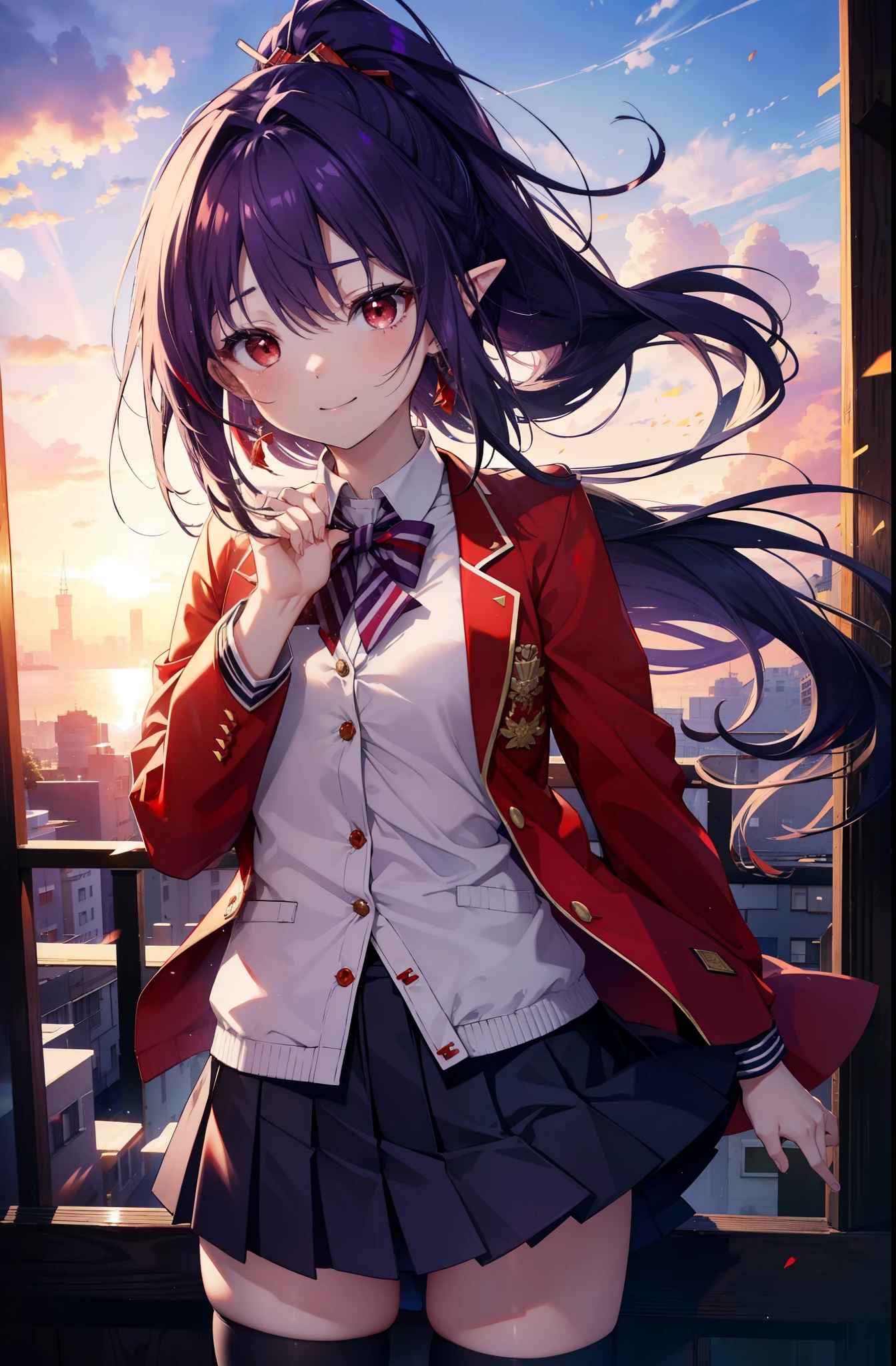yuukikonno, Yuki Konno, hair band, long hair, pointed ears, purple hair, short braided hair,ponytail,(red eyes:1.5), (small breasts:1.2), happy smile, smile, open your mouth,White Y-shirt,Red cardigan,purple blazer,Purple pleated skirt,white knee socks,evening,sunset,下校中
break looking at viewer, Upper body, full body,
break outdoors, In town,building street,
break (masterpiece:1.2), highest quality, High resolution, unity 8k wallpaper, (figure:0.8), (detailed and beautiful eyes:1.6), highly detailed face, perfect lighting, Very detailed CG, (perfect hands, perfect anatomy),