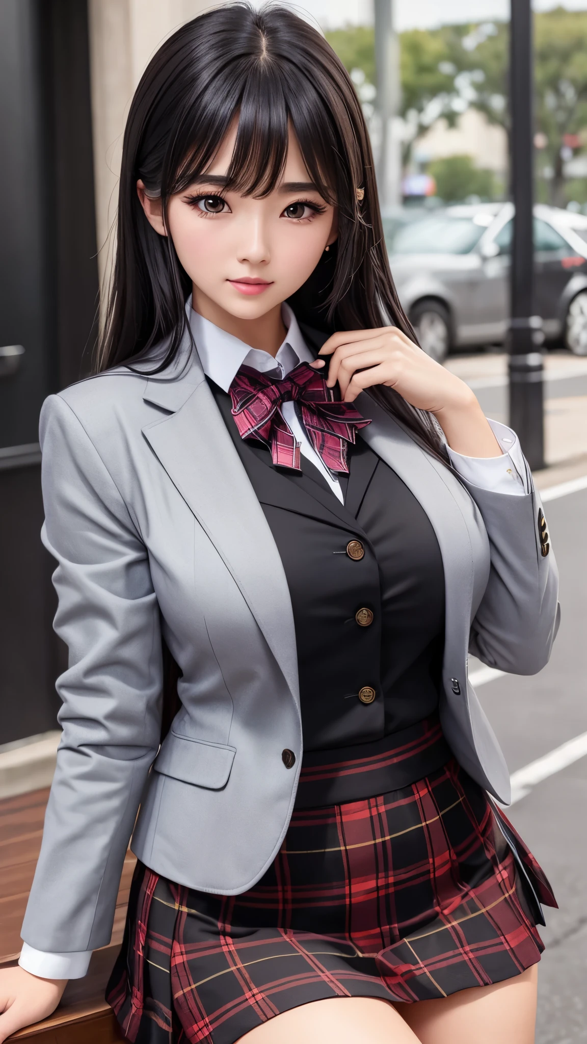 ((highest quality)), ((8k)), (detailed face), (highlight), female、Big breasts、bangs、black hair、plaid skirt、blazer、