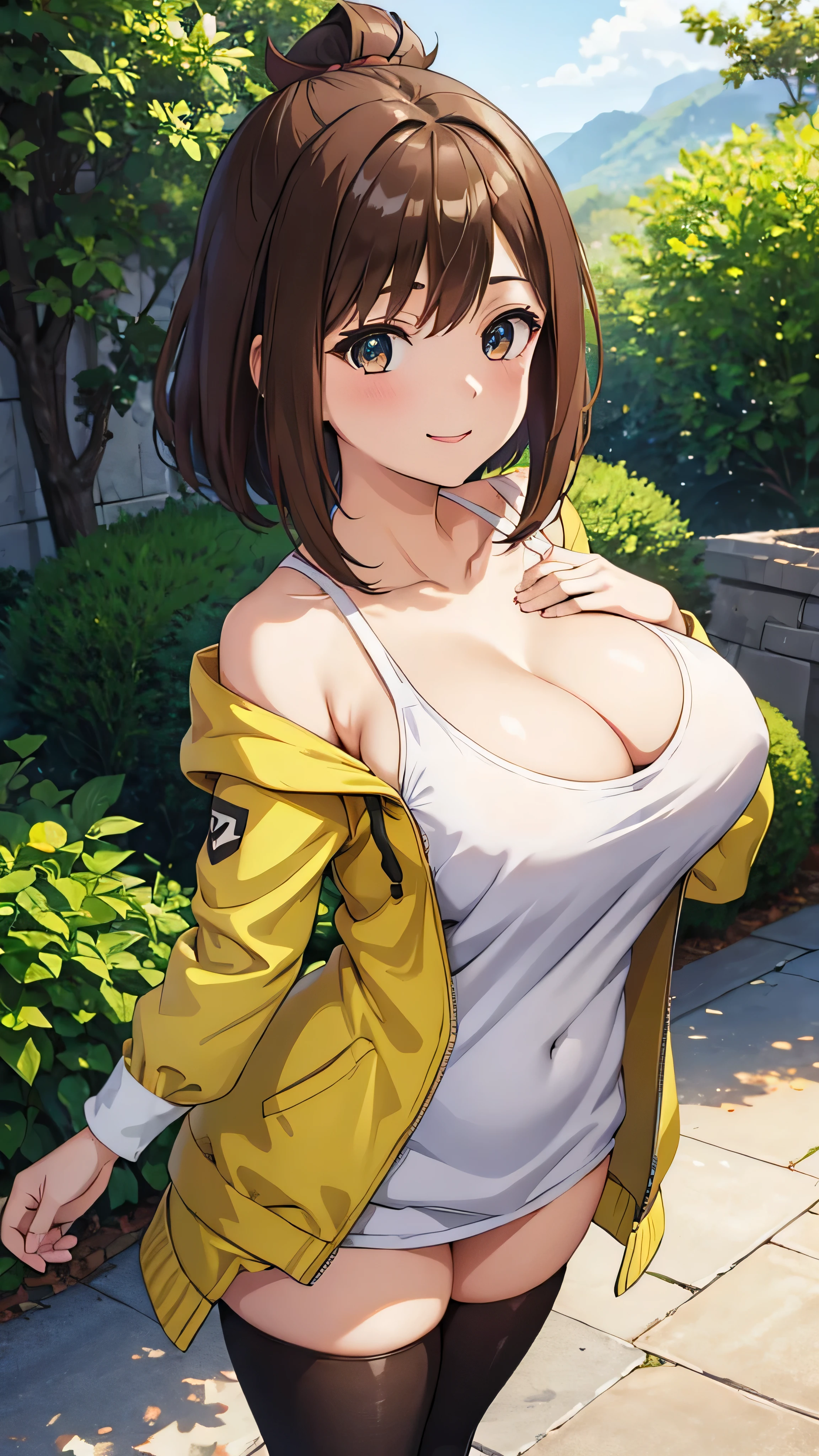 (((masterpiece))),fuyumi itadori, Anime girl characters, 1girl, solo, looking at viewer, medium hair, brown hair,Greenbeans eyes, long sleeves, cleavage, bigger breasts, clsed mouth, smile,collarbone, jacket, open clothes, open jacket, blue jacket, ground vehicle, sports bra, tall girl, horny, big ass, beautiful face,Charming, Tight-fitting clothing, hd picture, 4k quality, details of the face is so good,uhd picture, smile face, Flirting,All bodies visible, Standing pose,stand, Japanese face, anime style picture, 