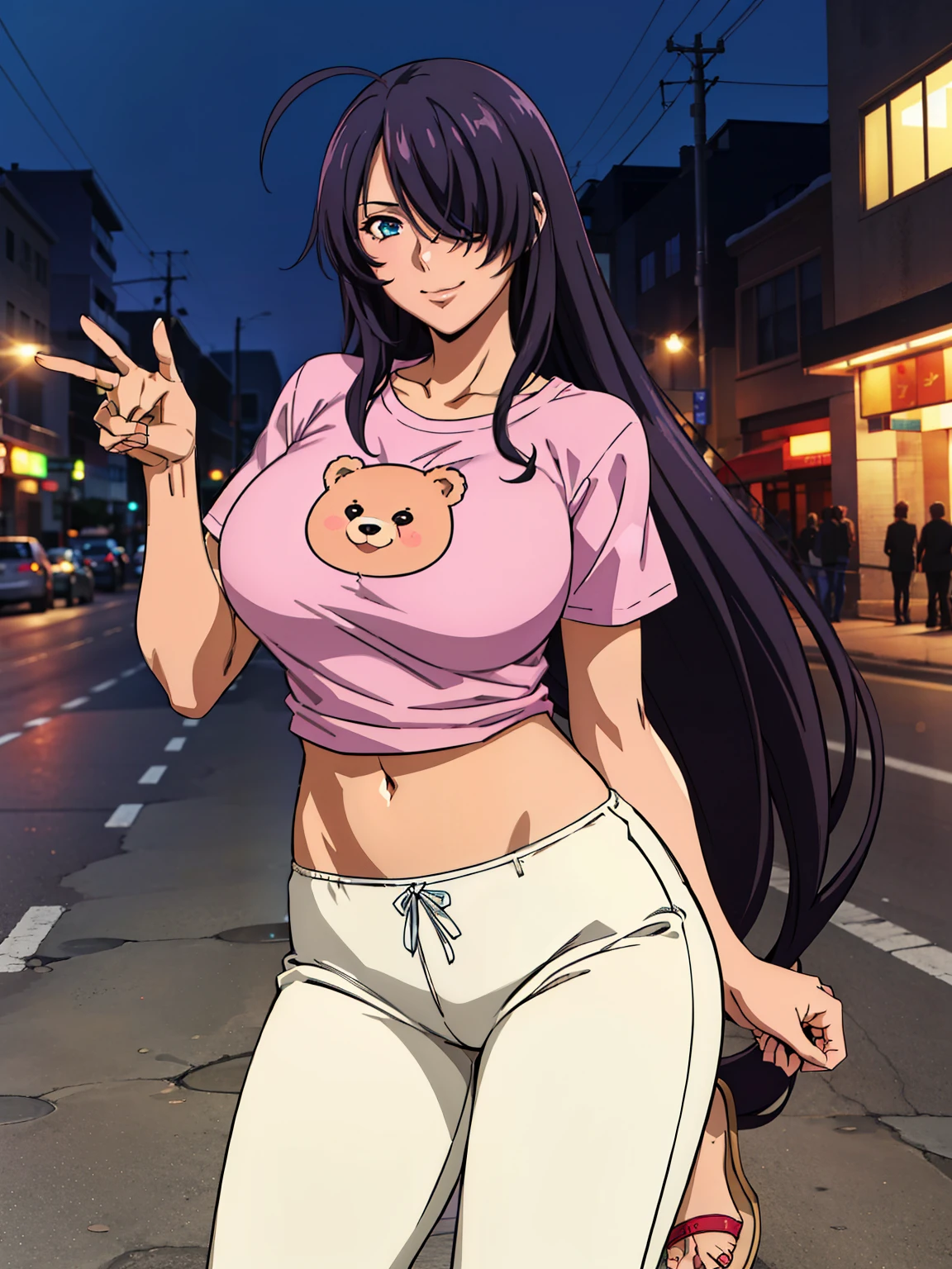 very tempting pose, (white-pink t-shirt with bear face on the chest), white sort pants, red sandals, smiling, city street night outdoor background, kanu unchou, anime cels style, best quality, high resolution, 1girl, (huge breasts:1.2), beautiful face, black hair, long hair, ((hair over one eye)), blue eye, navel, cowboy shot