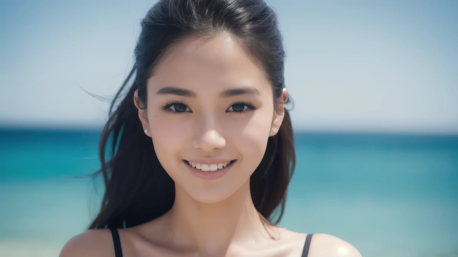 masterpiece, highest quality, alone, 1 girl, glowing skin, glamorous, quirky details, slicked hair, fascinating, black bikini swimsuit, shallow depth of field, contrasting, Professional models, facing the front, smile gently、portrait, Blurred background of a private beach