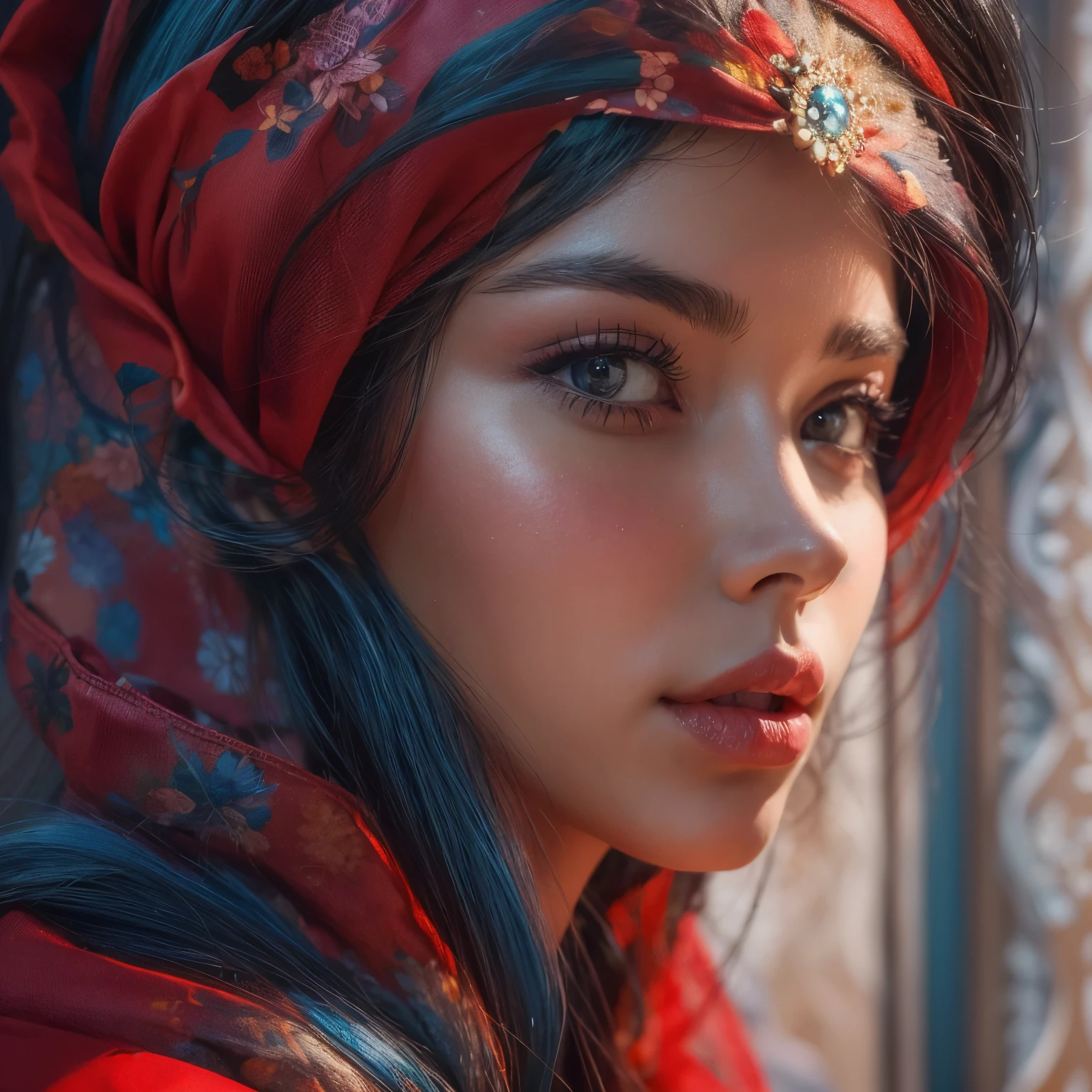 (Best Quality, 4K, 8K, High Resolution, Masterpiece: 1.2), (Super Detailed, Realistic, Photorealistic:1.37)A captivating young girl, donning a striking ensemble of red and blue, stands before a window with an air of toughness and determination. Her enchanting eyes are exquisitely detailed, capturing every glimmer and depth, while her lips boast a meticulous beauty that is both captivating and alluring. The level of detail extends to her entire face, each contour and feature meticulously rendered to perfection, creating a sense of hyper-realism that draws the viewer in.
The girl's attire, reminiscent of oil painting art, is a work of art in itself. The fabric, skillfully crafted to resemble vibrant brushstrokes, adds a touch of dynamism to her overall appearance. It is a true reflection of the artist's talent, showcasing a mastery