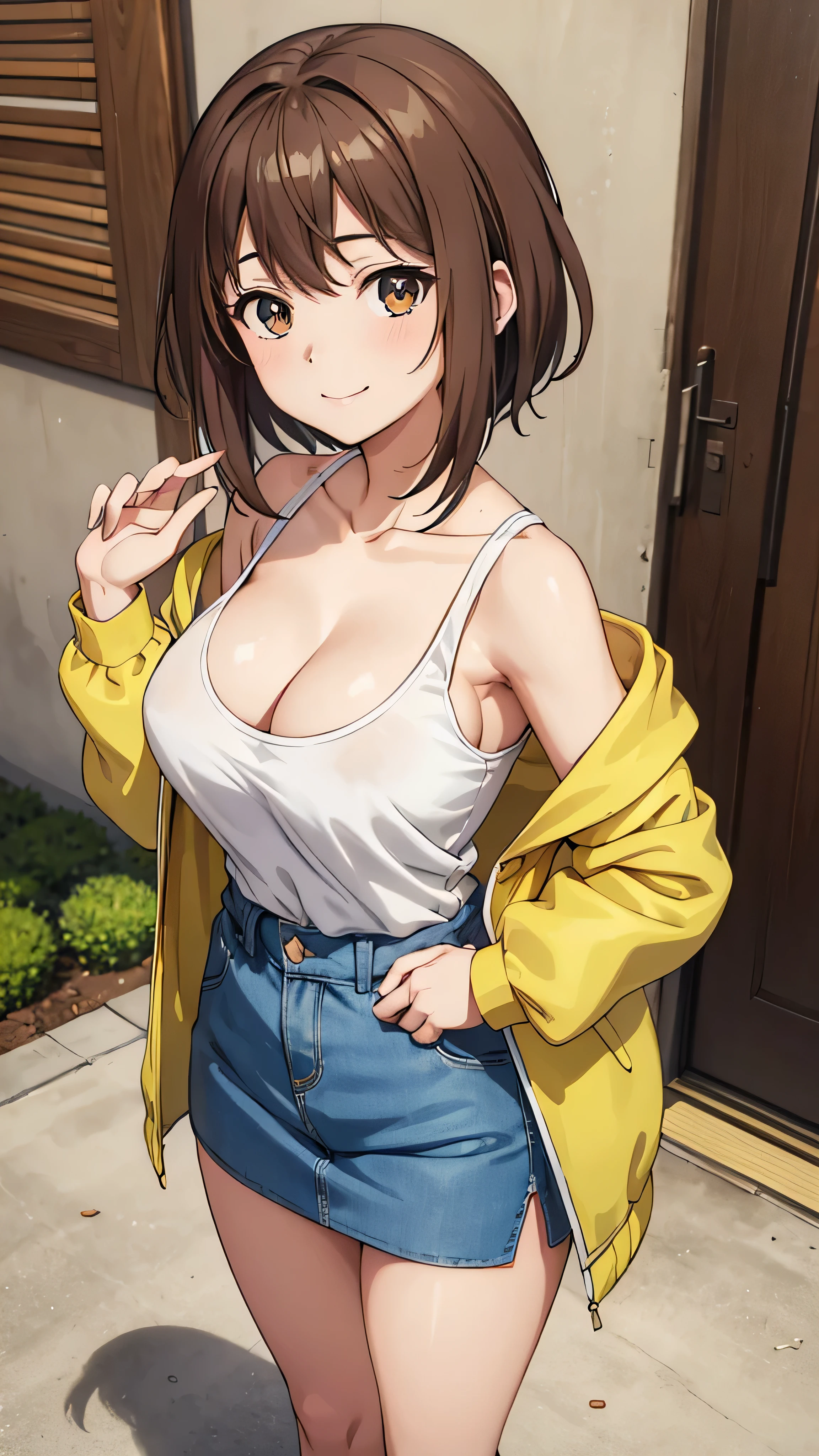 (((masterpiece))),fuyumi itadori, Anime girl characters, 1girl, solo, looking at viewer, medium hair, brown hair,Greenbeans eyes, long sleeves, cleavage, bigger breasts, clsed mouth, smile,collarbone, jacket, open clothes, open jacket, blue jacket, ground vehicle, sports bra, tall girl, horny, big ass, beautiful face,Charming, Tight-fitting clothing, hd picture, 4k quality, details of the face is so good,uhd picture, smile face, Flirting,All bodies visible, Standing pose,stand, Japanese face, anime style picture, 