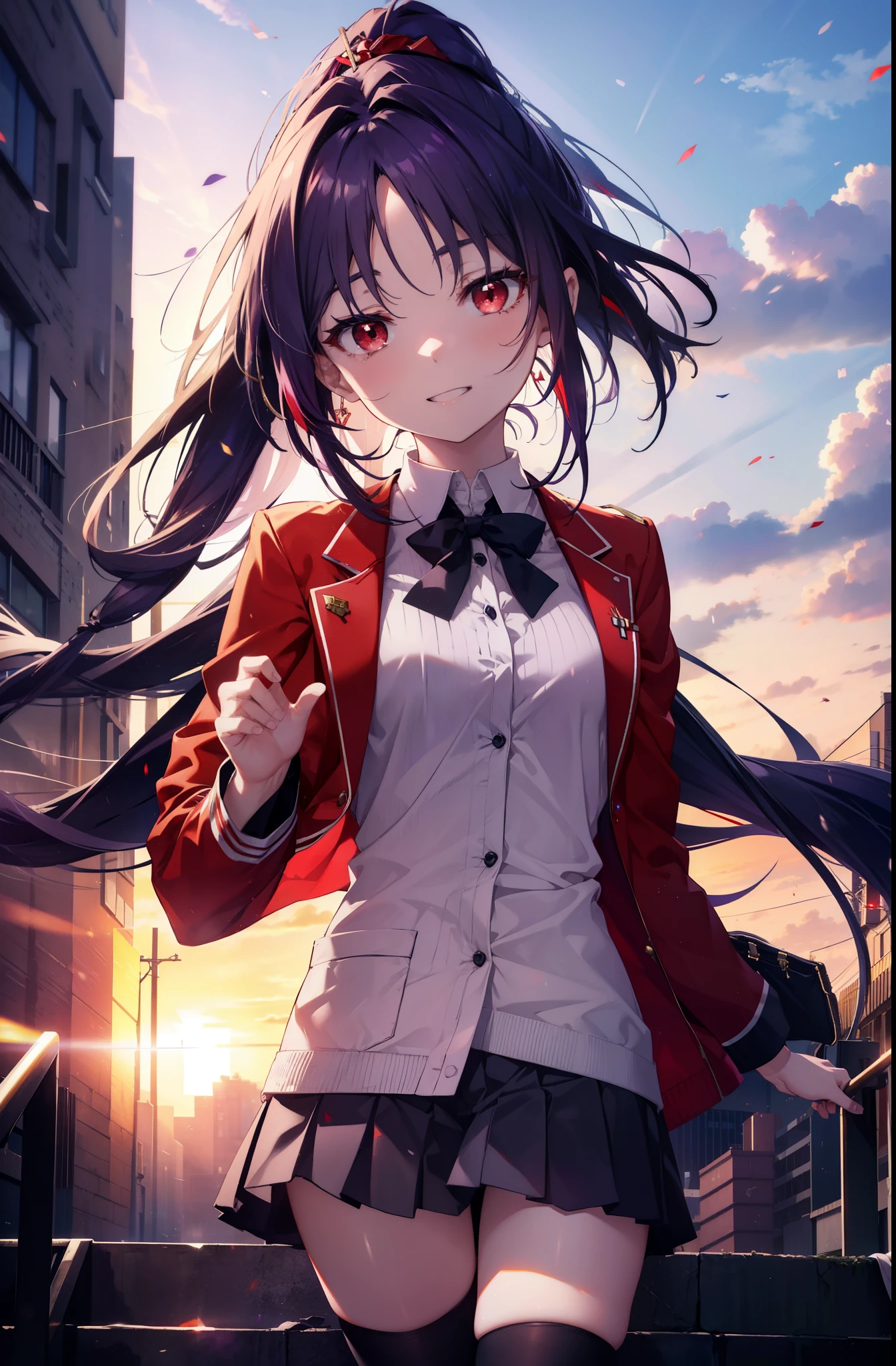yuukikonno, Yuki Konno, hair band, long hair, pointed ears, purple hair, short braided hair,ponytail,(red eyes:1.5), (small breasts:1.2), happy smile, smile, open your mouth,White Y-shirt,Red cardigan,purple blazer,Purple pleated skirt,white knee socks,evening,sunset,下校中
break looking at viewer, Upper body, full body,
break outdoors, In town,building street,
break (masterpiece:1.2), highest quality, High resolution, unity 8k wallpaper, (figure:0.8), (detailed and beautiful eyes:1.6), highly detailed face, perfect lighting, Very detailed CG, (perfect hands, perfect anatomy),