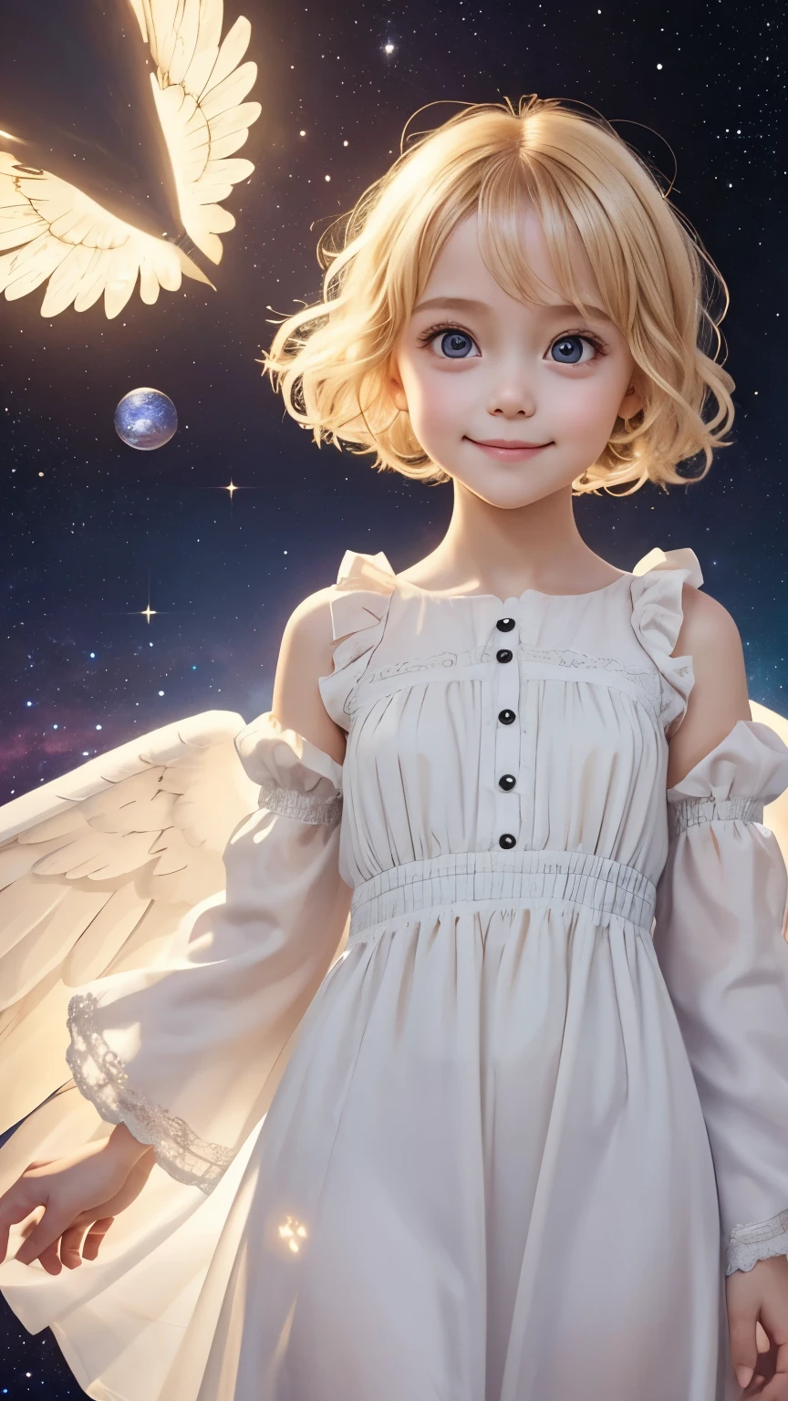 The body is facing straight ahead towards the camera., looking at viewer, from above:1.2, angel, smile, big eyes, blonde, Neat and loose dress with sleeves, A dazzling light from behind, Angel wings on the back, god々A brightly shining space background, Prayer-like pose, Super realistic