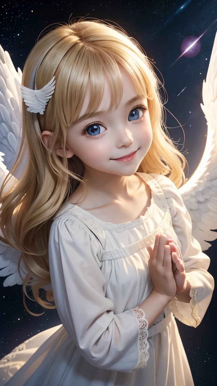 The body is facing straight ahead towards the camera., looking at viewer, from above:1.2, little toddler angel, smile, big eyes, blonde, Neat and loose dress with sleeves, A dazzling light from behind, Angel wings on the back, god々A brightly shining space background, Prayer-like pose, Super realistic