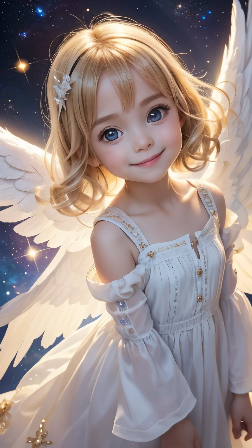 The body is facing straight ahead towards the camera., looking at viewer, from above:1.2, little toddler angel, smile, big eyes, blonde, Neat and loose dress with sleeves, A dazzling light from behind, Angel wings on the back, god々A brightly shining space background, Prayer-like pose, Super realistic