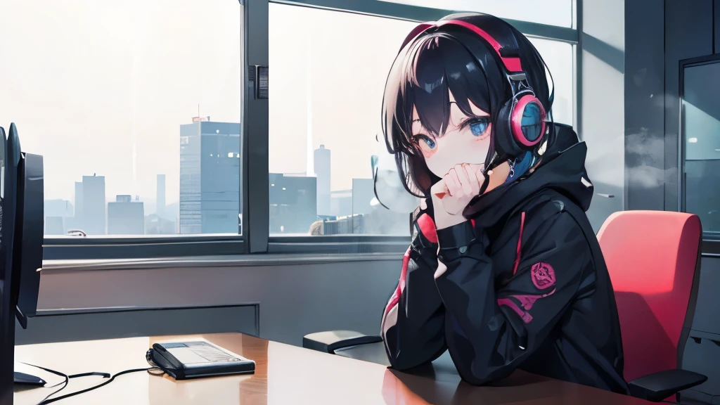 1 mask women, with headphone, and Professional Condenser Microphone, locking at camera, wearing office outfint, sitting in front of camera, blank backgroung