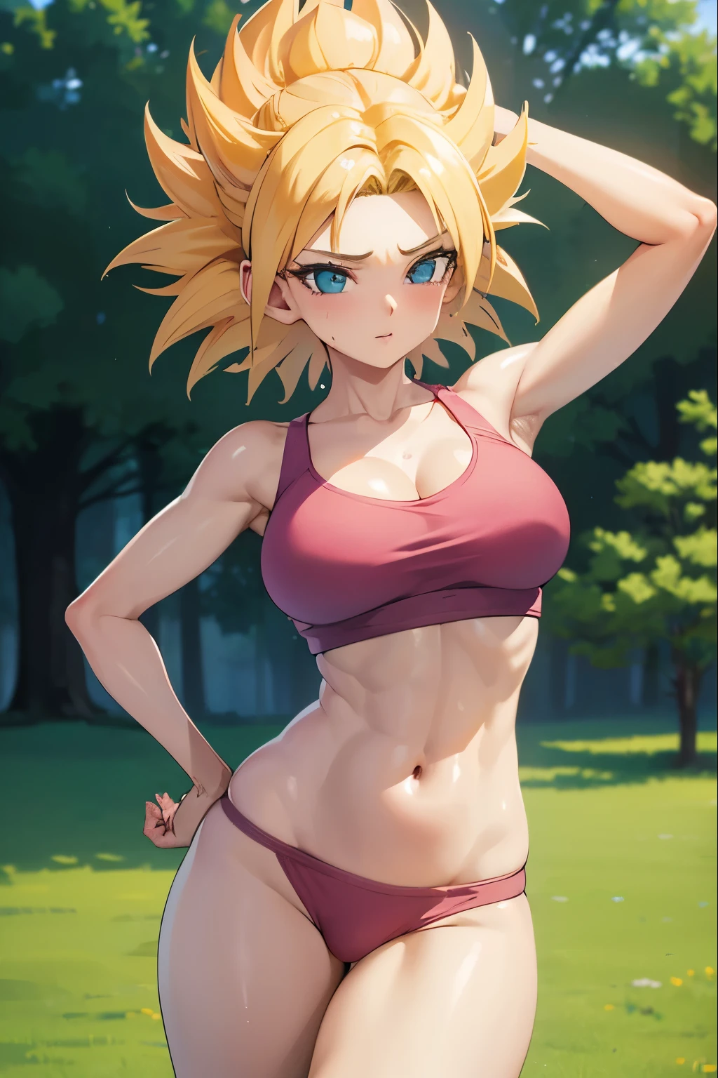 ((4K, ​master piece, Best Quality)), caulifla 1girl in , medium breasts⁩, Cute, blush, , white sports bra, morning, park, sweat . Sexy 