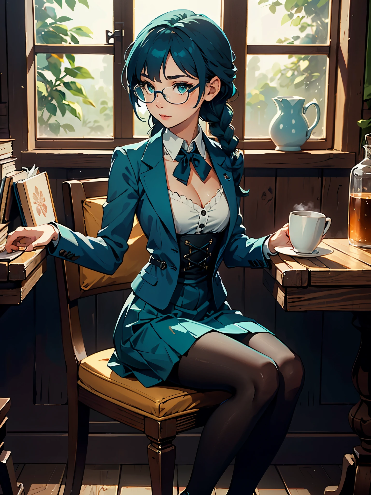 Masterpiece, best quality, 1_woman, full body, (exotic skin_complexion), mature, looking away from viewer, shy, acting coy, ((sitting)), sitting at table, teal hair, long double hair braids, bright teal hair, diamond shaped eyes, glasses, large_bust, chest window, cleavage, dark blue (Victorian blazer), white halter top blouse, double button breast, long dark blue (lolita skirt), silver trim, black tights, clinging to brown book, black heels, holding coffee mug, small waist, perfect hands, rustic tavern,