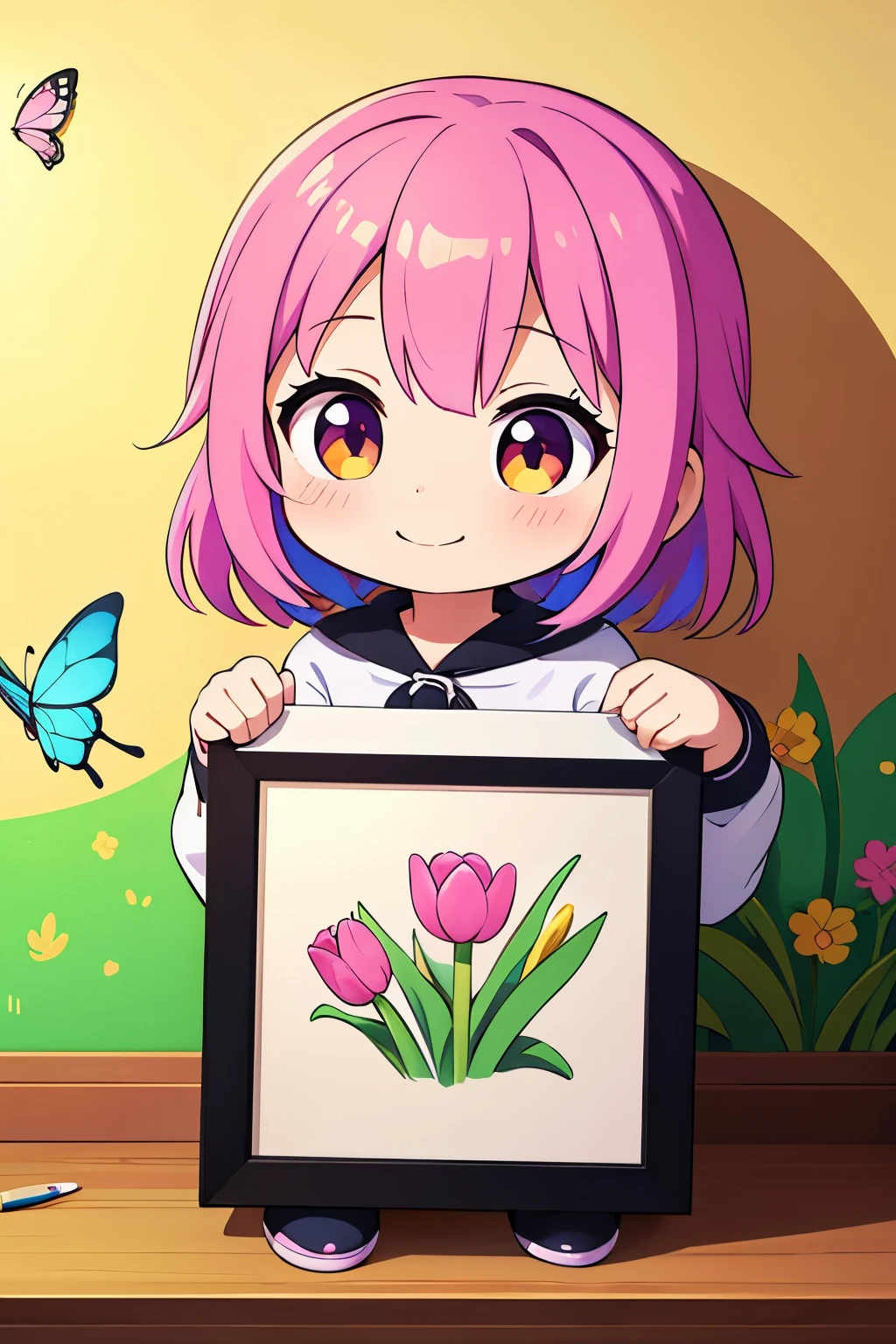 The following scenes will be expressed using chibi girl dolls.(Photoreal、A girl is drawing pictures of tulip flowers and butterflies on the wall with crayons.、The picture is a child's doodle, but it's very colorful.、smile)