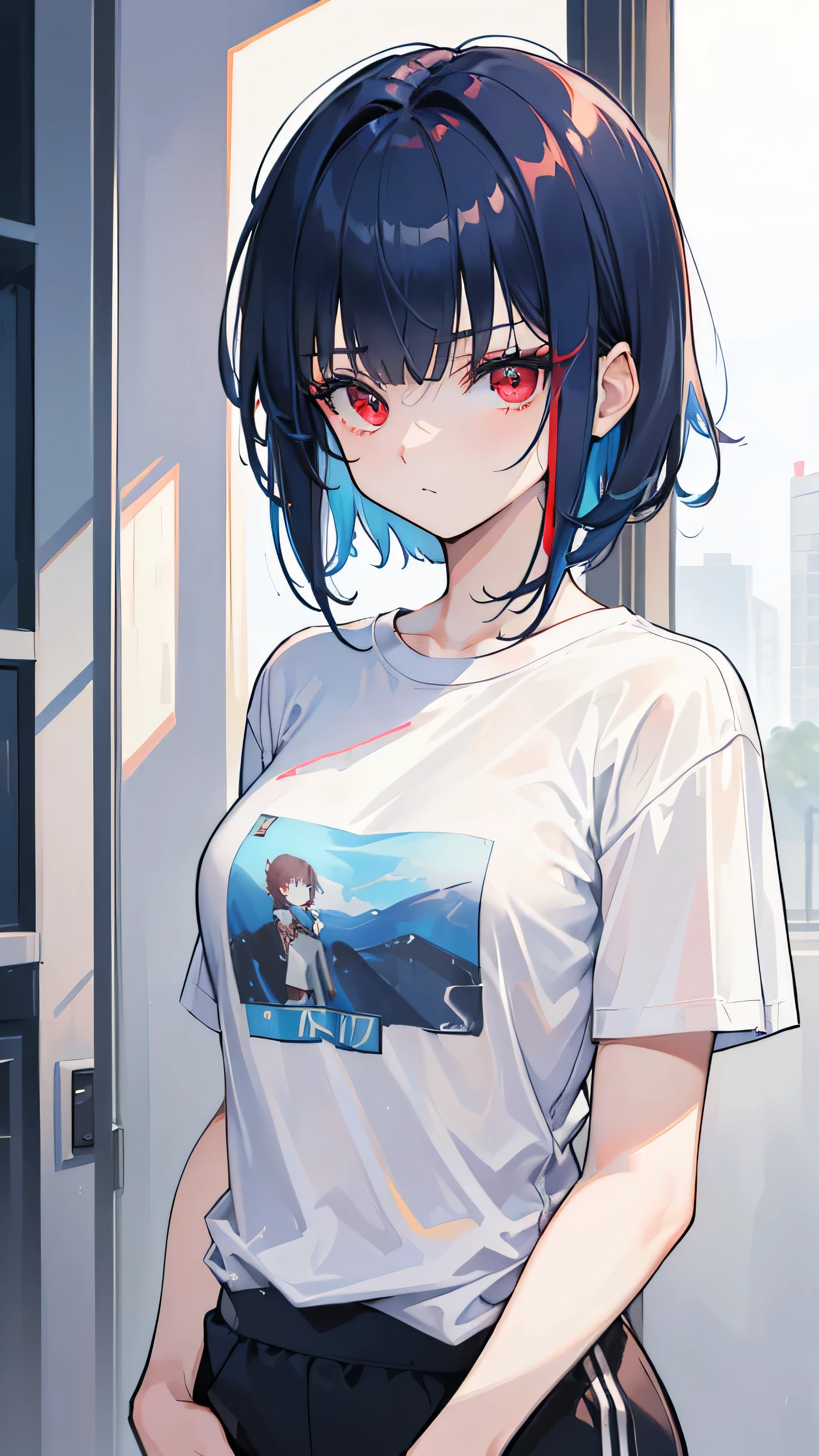 (best qualtiy, Masterpiece), (Cool and handsome girl , 1girll , Solo, " In t-shirt suit，Short hair girl，Mullet head，Handsome girl，looks into camera，Cold girl，mullet haircut，messy  hair, red eyes, dark blue hair colour