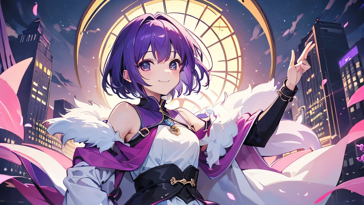(T Masterpiece,4k wallpaper,best quality))、((girl1people))、(solo)、Shining and vivid,(purple hair)、(shortcut:1.3)、smile、middle ages、Princess、city