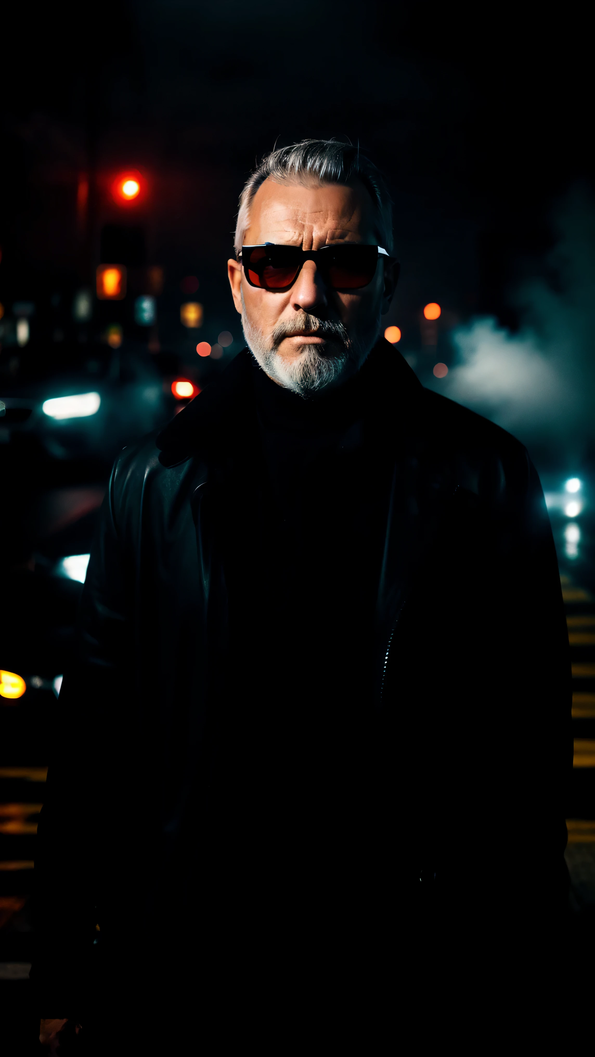 city street, neon, fog, volumetric, closeup portrait of 50 y.o man in dark clothes, grey hair, grey beard, serious face, wearing rayban sunglasses, cinematic shot, ultra realistic, neon fog, Geordie Dandy face