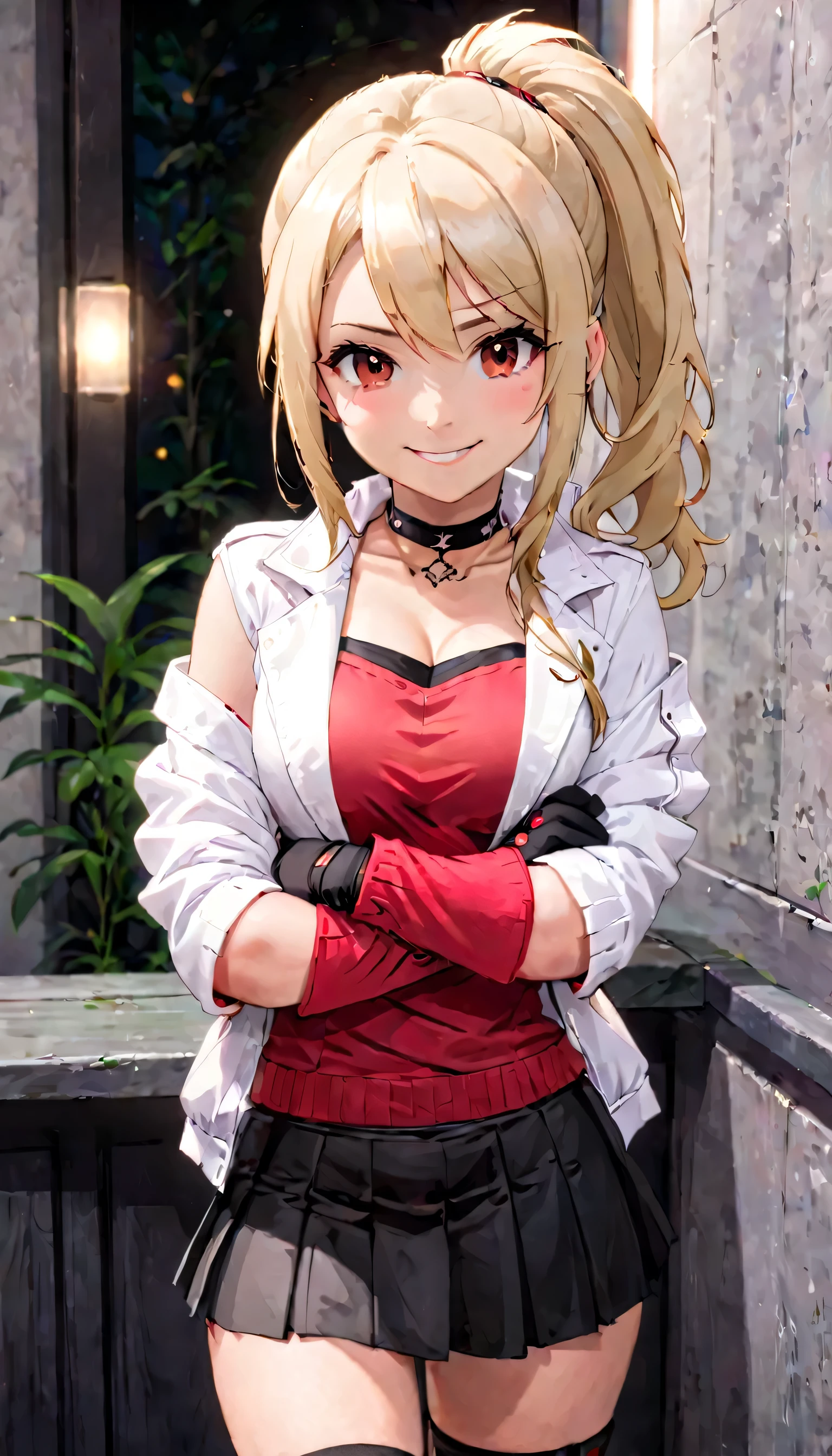 (best quality:1.2),solo,1girl,mdrin,smile,looking at viewer,crossed arms,ponytail,v-shaped eyebrows,white jacket,red shirt,fingerless gloves,black skirt,choker! Blonde