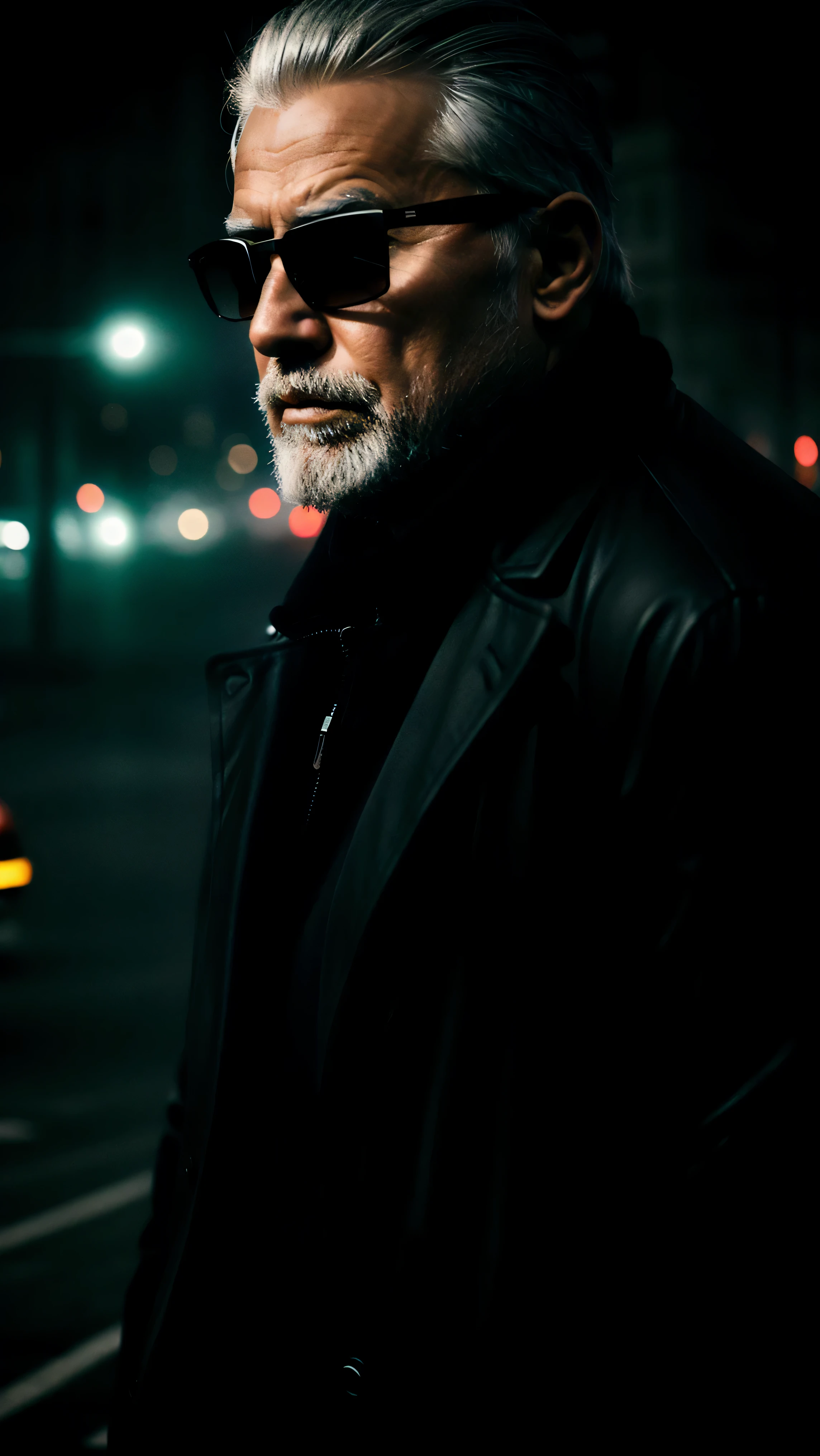city street, neon, fog, volumetric, closeup portrait of 50 y.o man in dark clothes, grey hair, grey beard, serious face, wearing rayban sunglasses, cinematic shot, ultra realistic, neon fog, Geordie Dandy face
