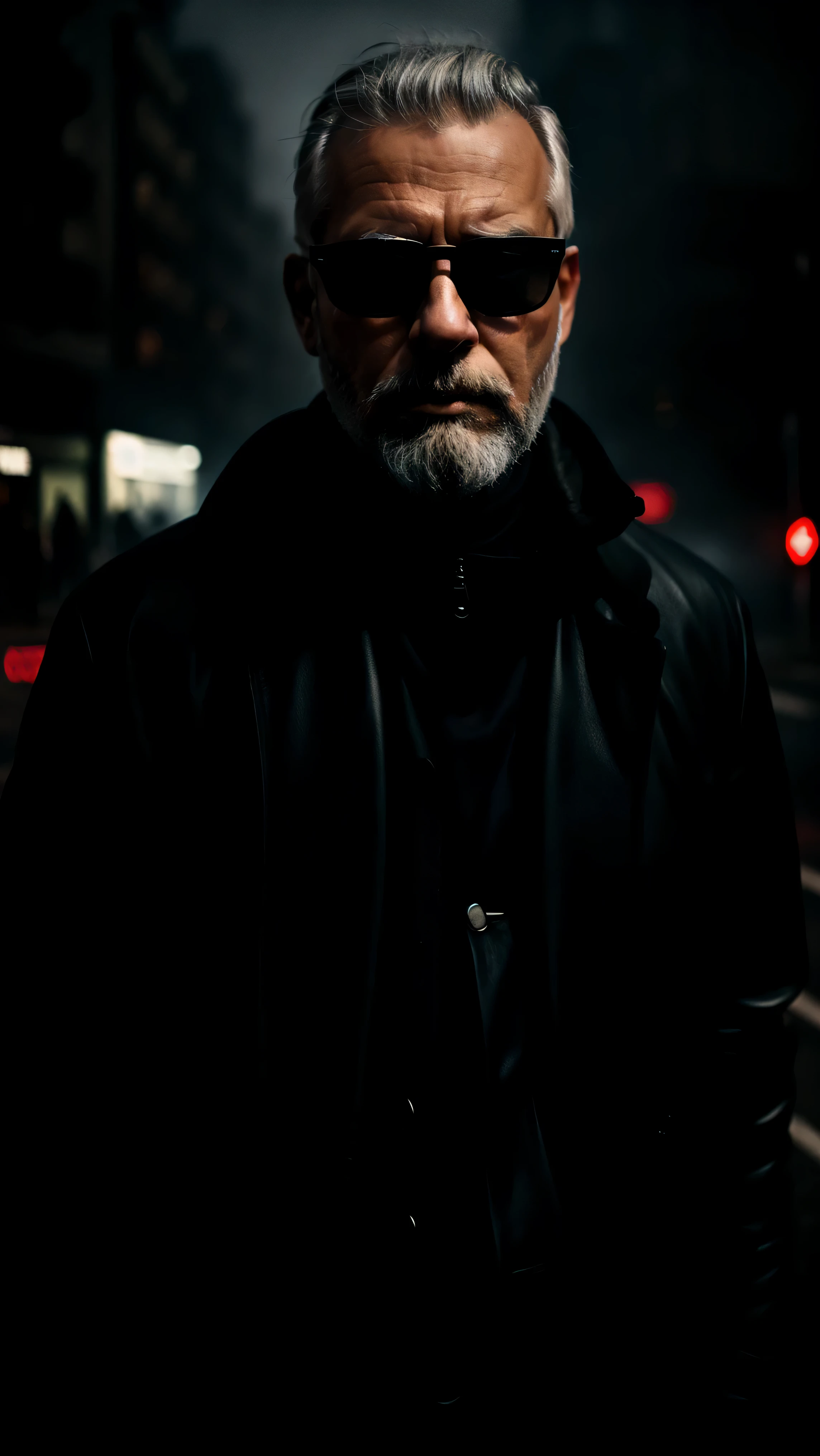 city street, neon, fog, volumetric, closeup portrait of 50 y.o man in dark clothes, grey hair, grey beard, serious face, wearing rayban sunglasses, cinematic shot, ultra realistic, neon fog, Geordie Dandy face