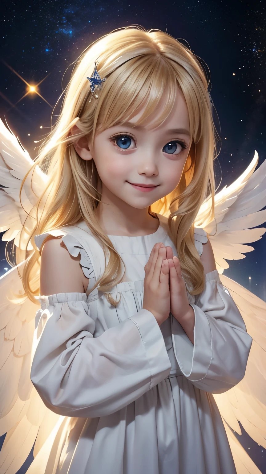 The body is facing straight ahead towards the camera., looking at viewer, from above:1.2, little toddler angel, smile, big eyes, blonde, Neat and loose dress with sleeves, A dazzling light from behind, Angel wings on the back, god々A brightly shining space background, Prayer-like pose, Super realistic