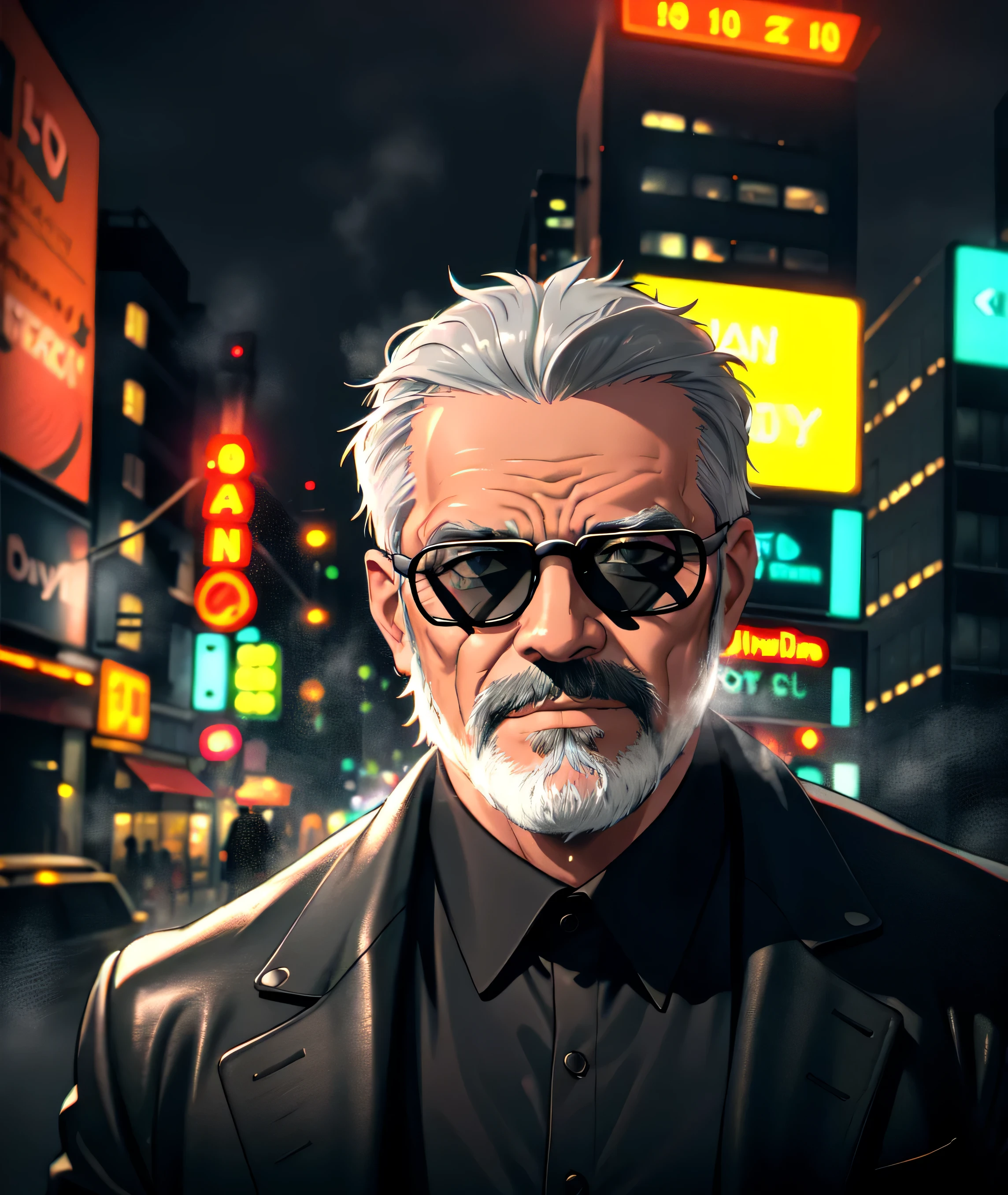 city street, neon, fog, volumetric, closeup portrait of 50 y.o man in dark clothes, grey hair, grey beard, serious face, wearing rayban sunglasses, cinematic shot, ultra realistic, neon fog, Geordie Dandy face