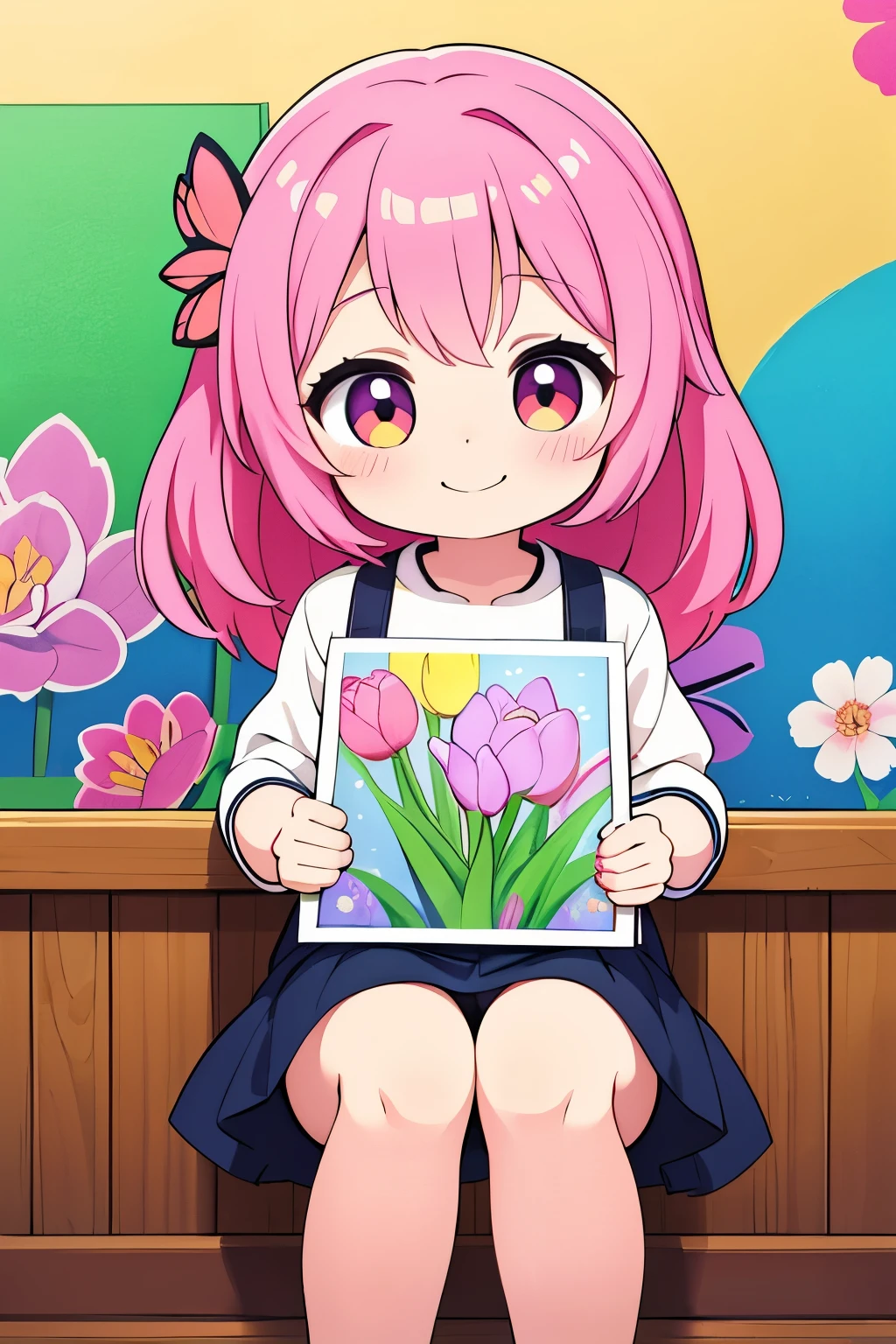 The following scenes will be expressed using chibi girl dolls.（Photoreal、A girl is drawing pictures of tulip flowers and butterflies on the wall with crayons.、The picture is a &#39;s doodle, but it&#39;s very colorful.、smile）