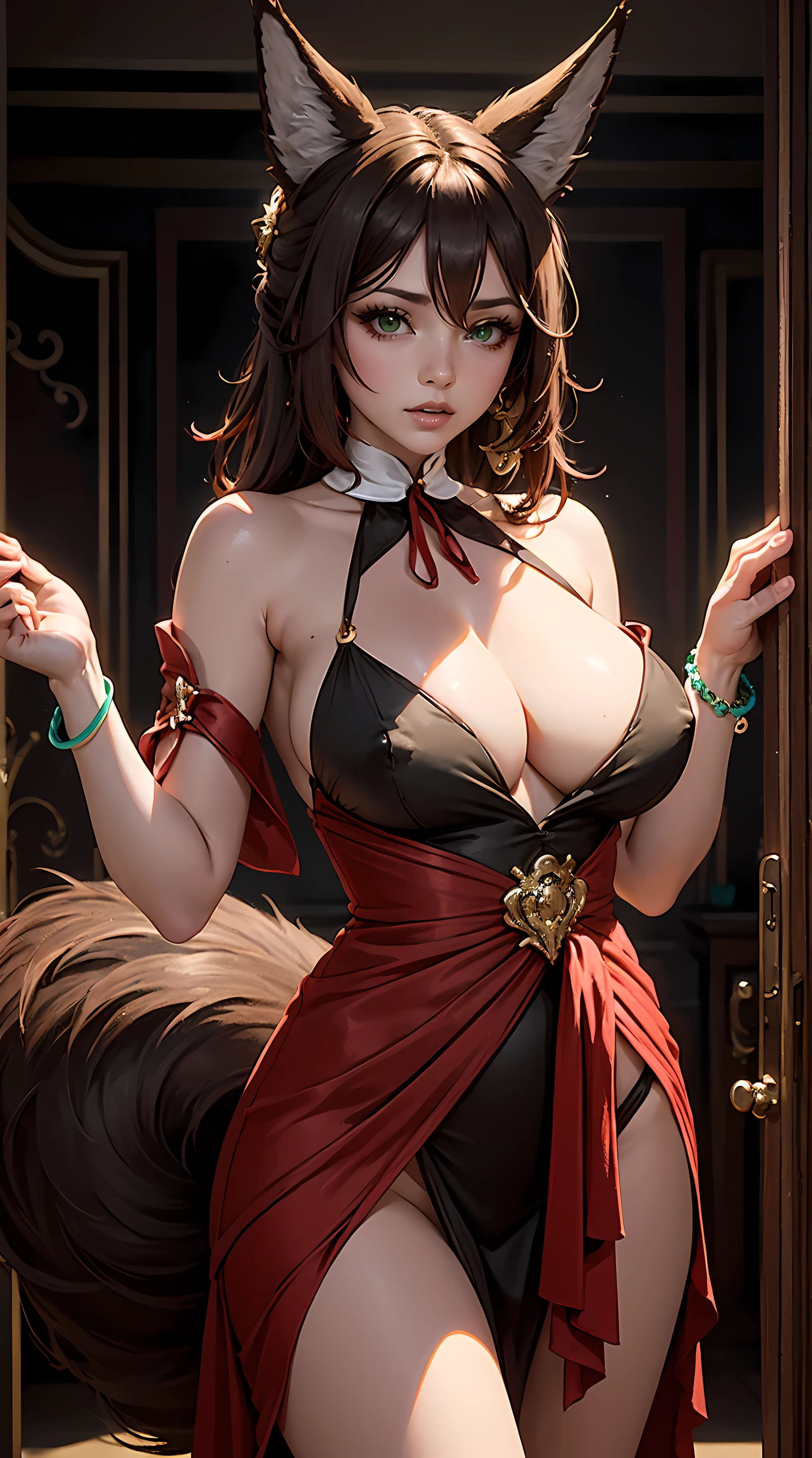 Beautiful brown hair girl is shown to have a slender figure, fox ears, has a brown fluffy tail, She is wearing a beautiful NSFW dress, jewelry, green eyes, Girl standing in a gala ballroom, sexy session, putting her hands on her waist, poseing, exposed cleavage, cowboy shot, superior quality, many details, realistic